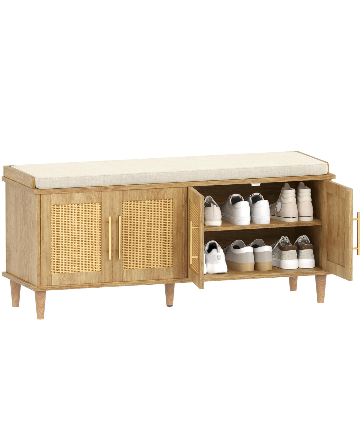Akxomel 47.2" Rattan Shoe Storage Bench 4 Doors Wooden Entryway Bench Oak