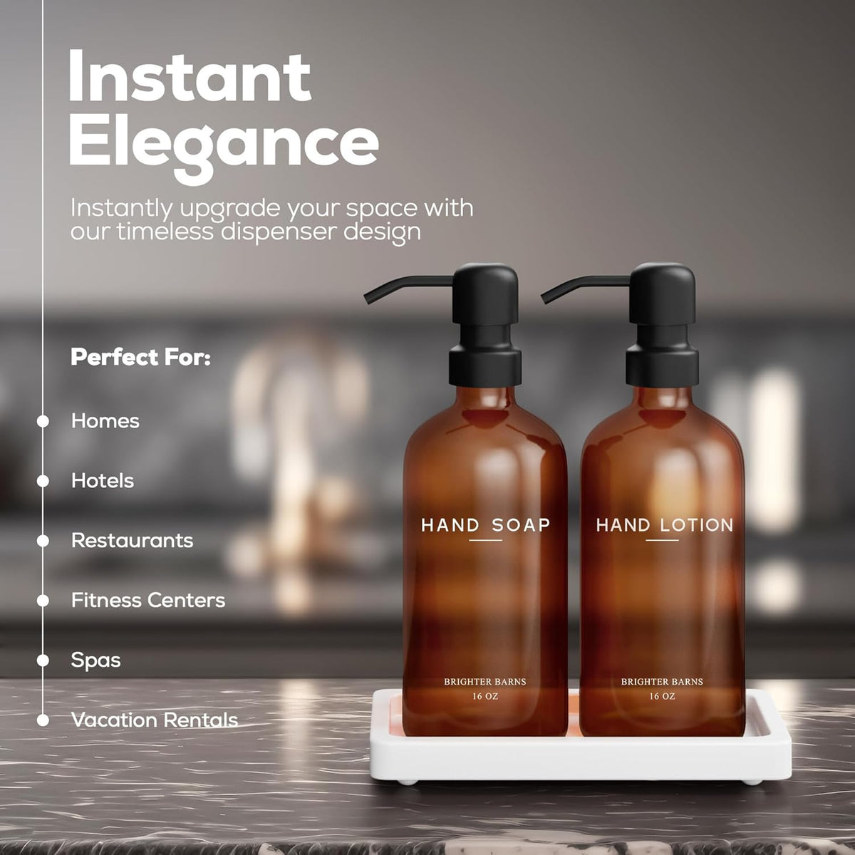 Amber Glass Soap and Lotion Dispenser Set with Tray by Brighter Barns - Hand Soap Dispenser