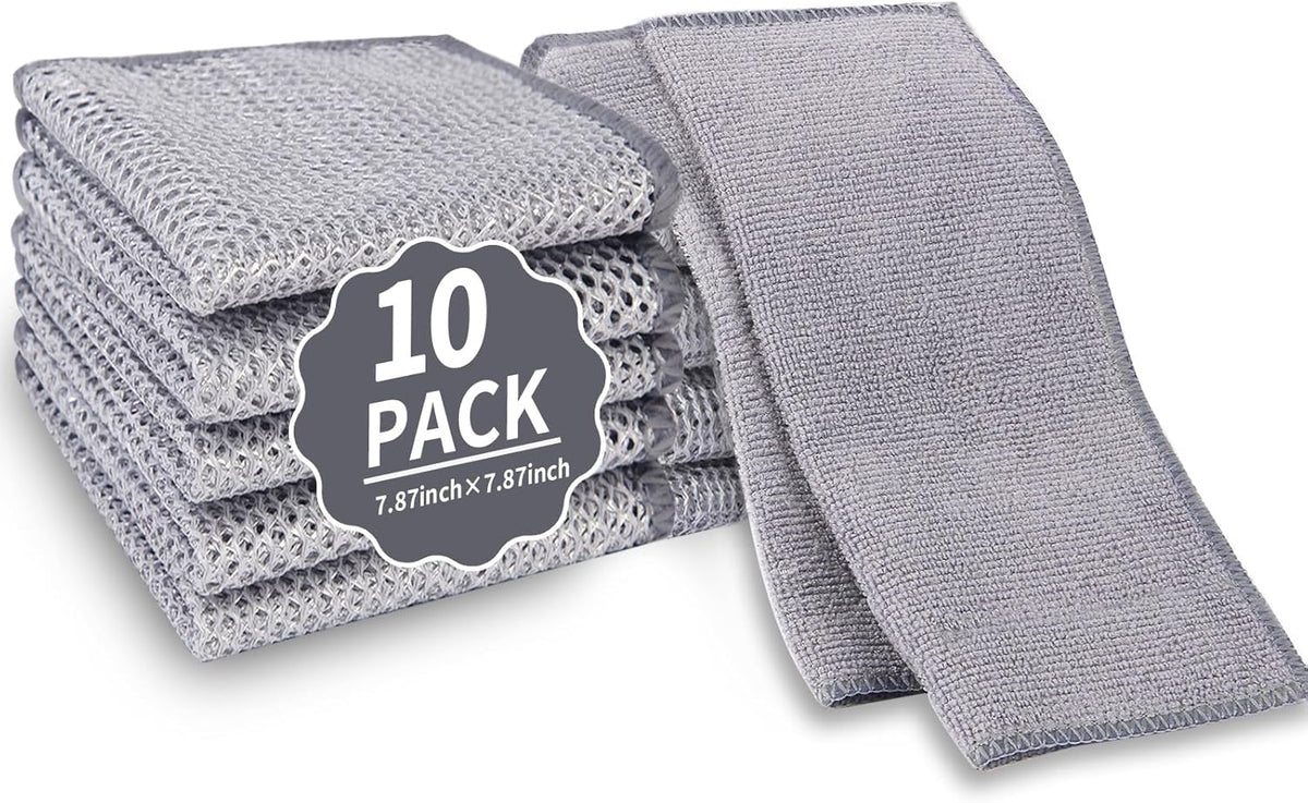 2 in 1 Stainless Steel Scrubber & Microfiber Cleaning Cloth, 10 Pack Towel & Steel Scrub Cloth for
