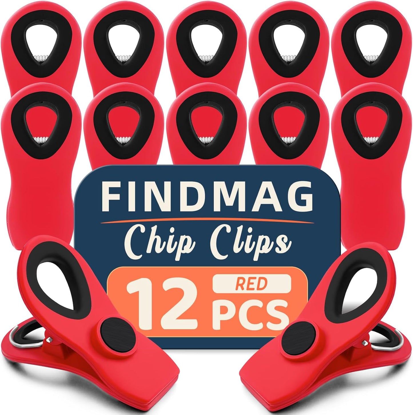 FINDMAG 12 Pack Chip Clips, Red Magnetic Bag Clip for Food Packages, Airtight Clips with Handle