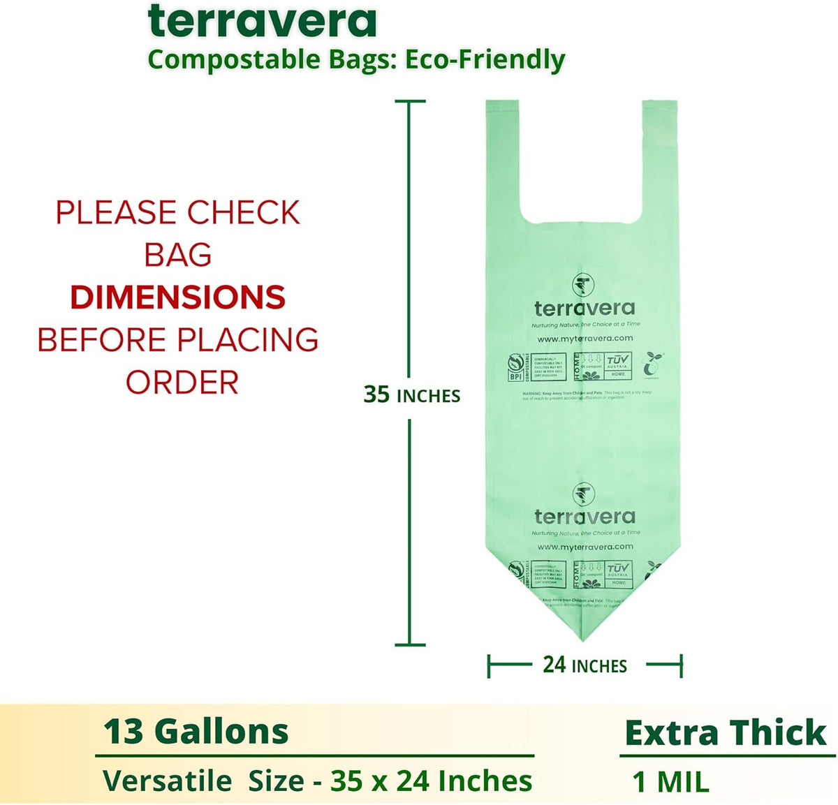 13 Gallon Compostable Trash Bags - Handle Tie | Extra Thick 1 mil|BPI & OK Home Certified ASTM