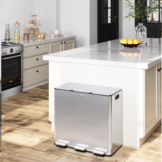 GarveeHome Trash Can 60L/15.9 Gal, Three Compartments Pedal Kitchen Recycling Trash Bin with