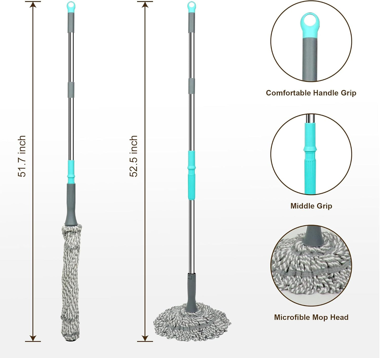 Self Wringing Mop - Easy Squeeze Twist Mop with 52.5 Inch Long Handle, Heavy Duty for Hardwood