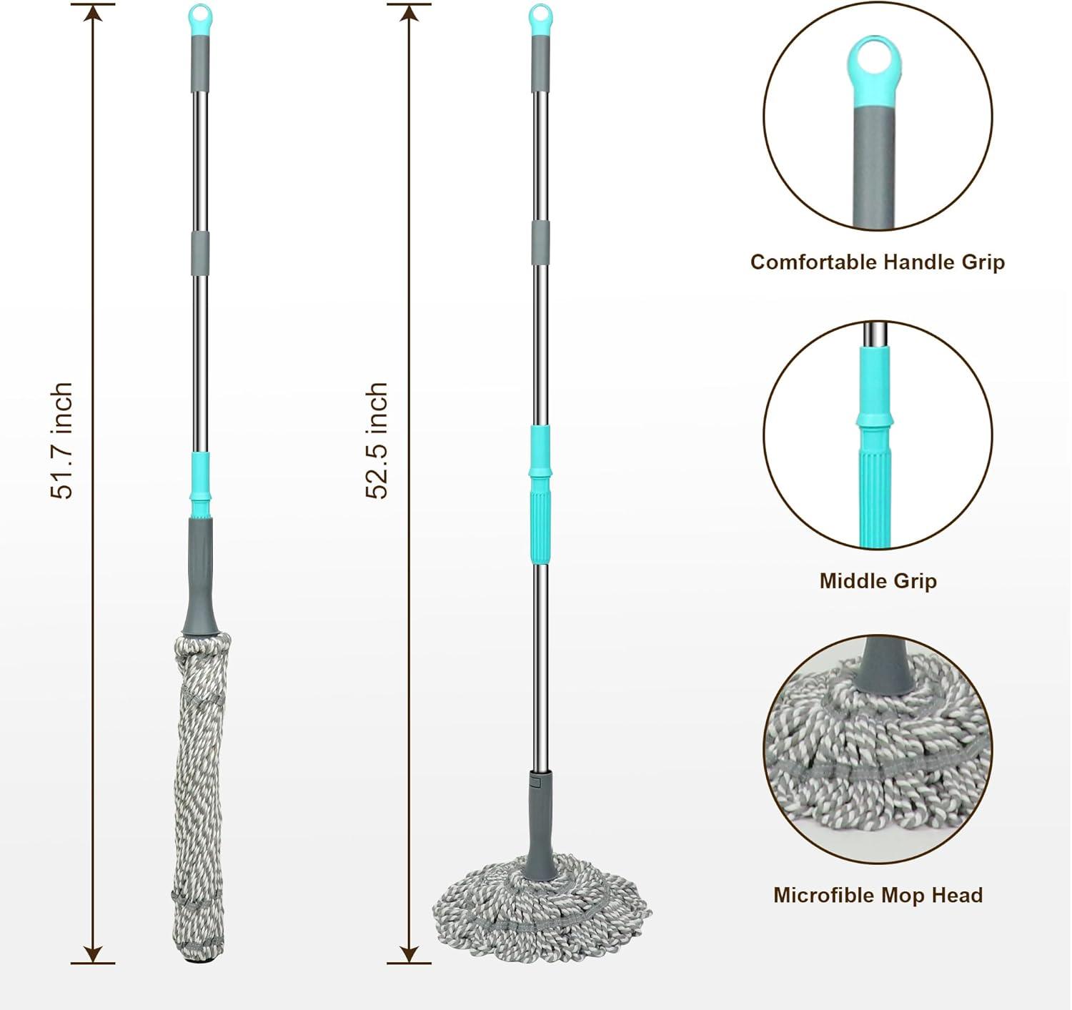 Self Wringing Mop - Easy Squeeze Twist Mop with 52.5 Inch Long Handle, Heavy Duty for Hardwood