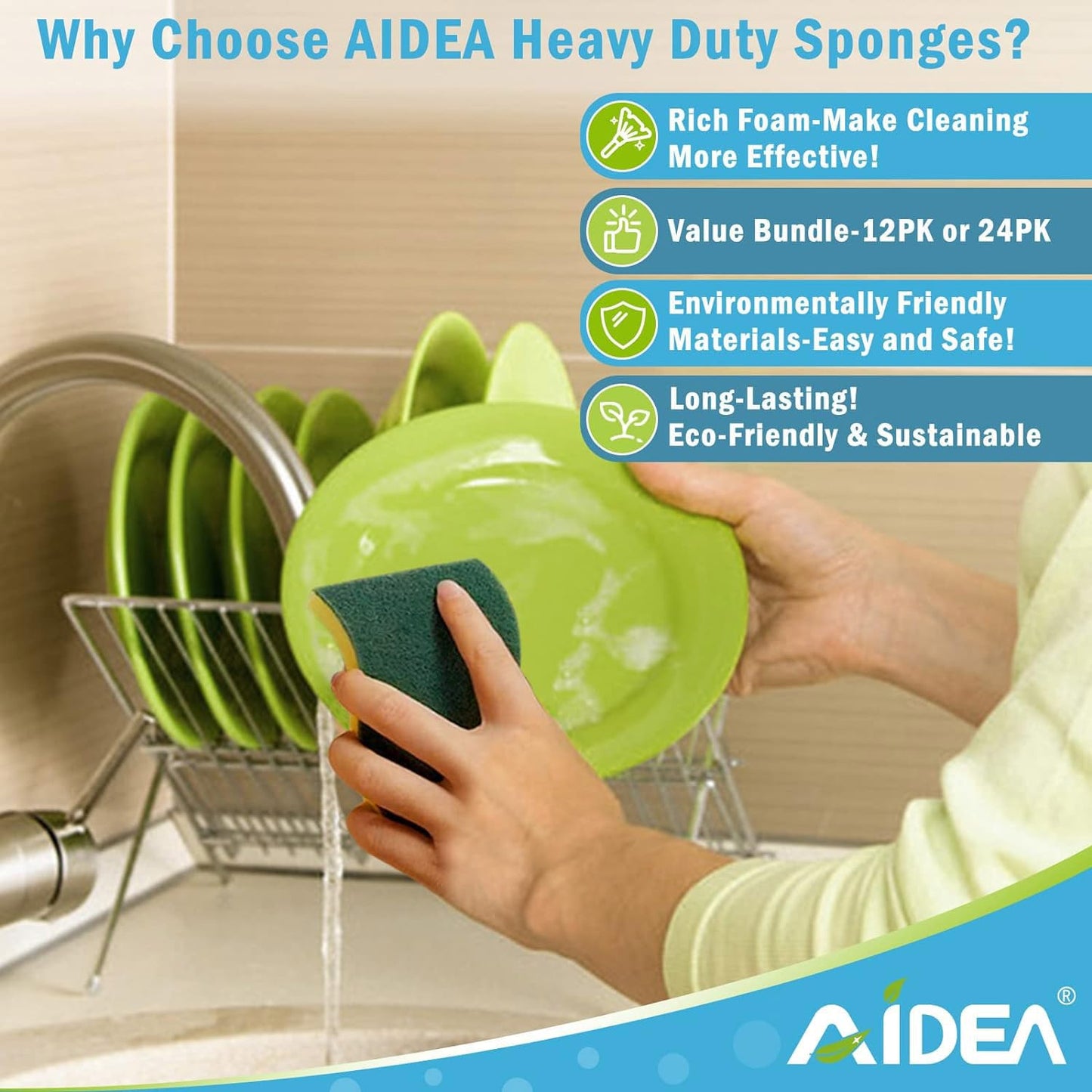 AIDEA Sponges Kitchen, 50-PK Heavy Duty Dish Sponge Kitchen, Scrub Sponges
