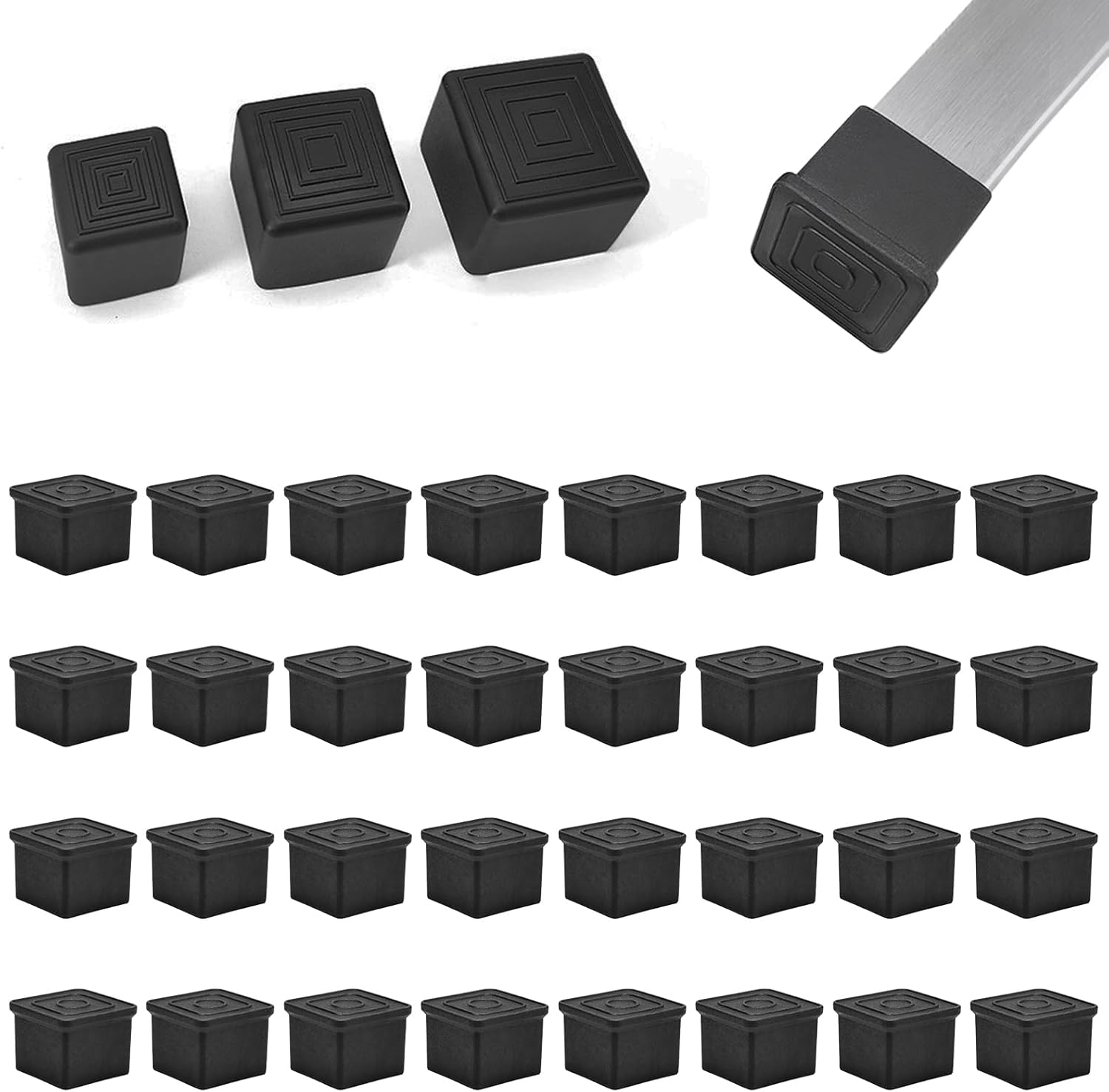 32 Pcs 5/8" x 5/8" Square Rubber Chair Leg Caps, PVC Table Leg Covers, Flexible & Anti-Slip