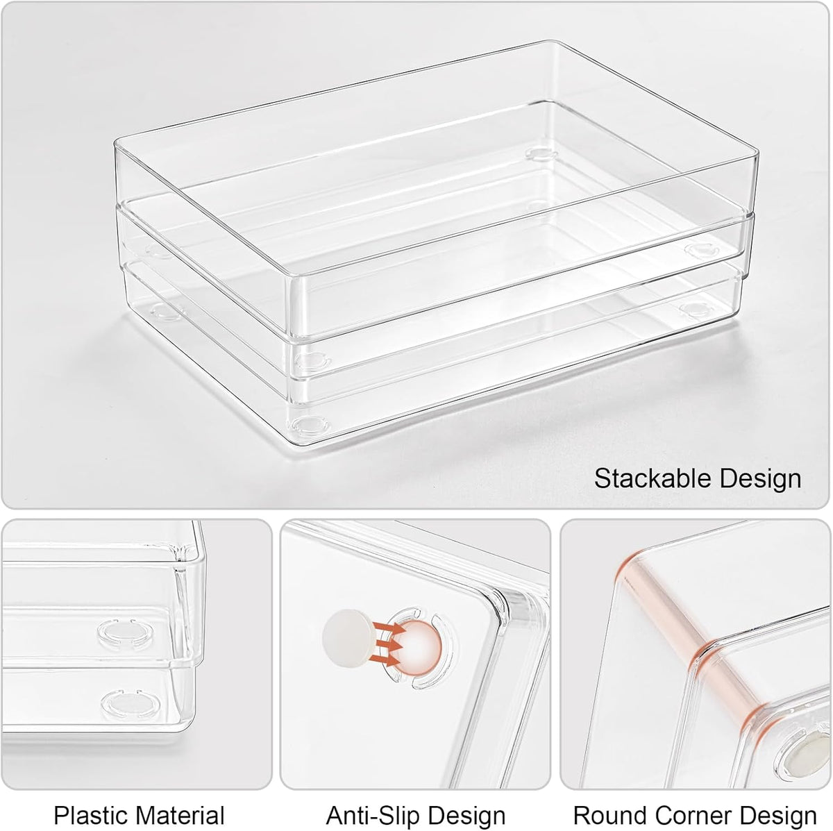SMARTAKE 6 PCS Clear Plastic Drawer Organizers Set, Large Size Non-Slip Desk Drawer Organizer