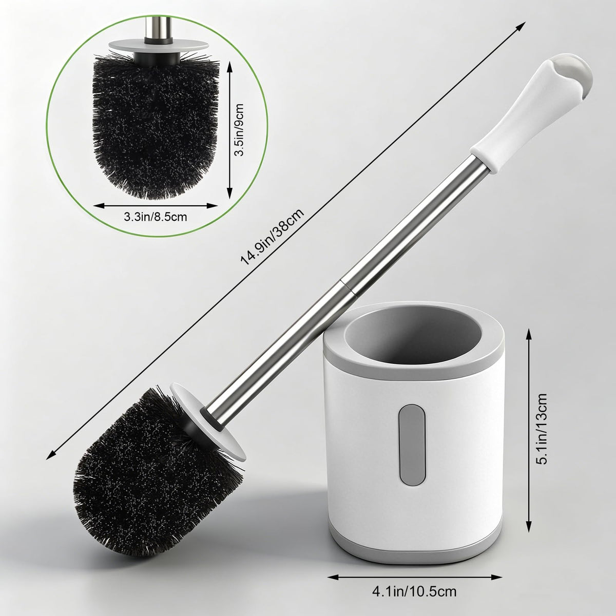 AONEZ Compact Toilet Brush & Holder, Stainless Steel Handle, White & Grey – view 2