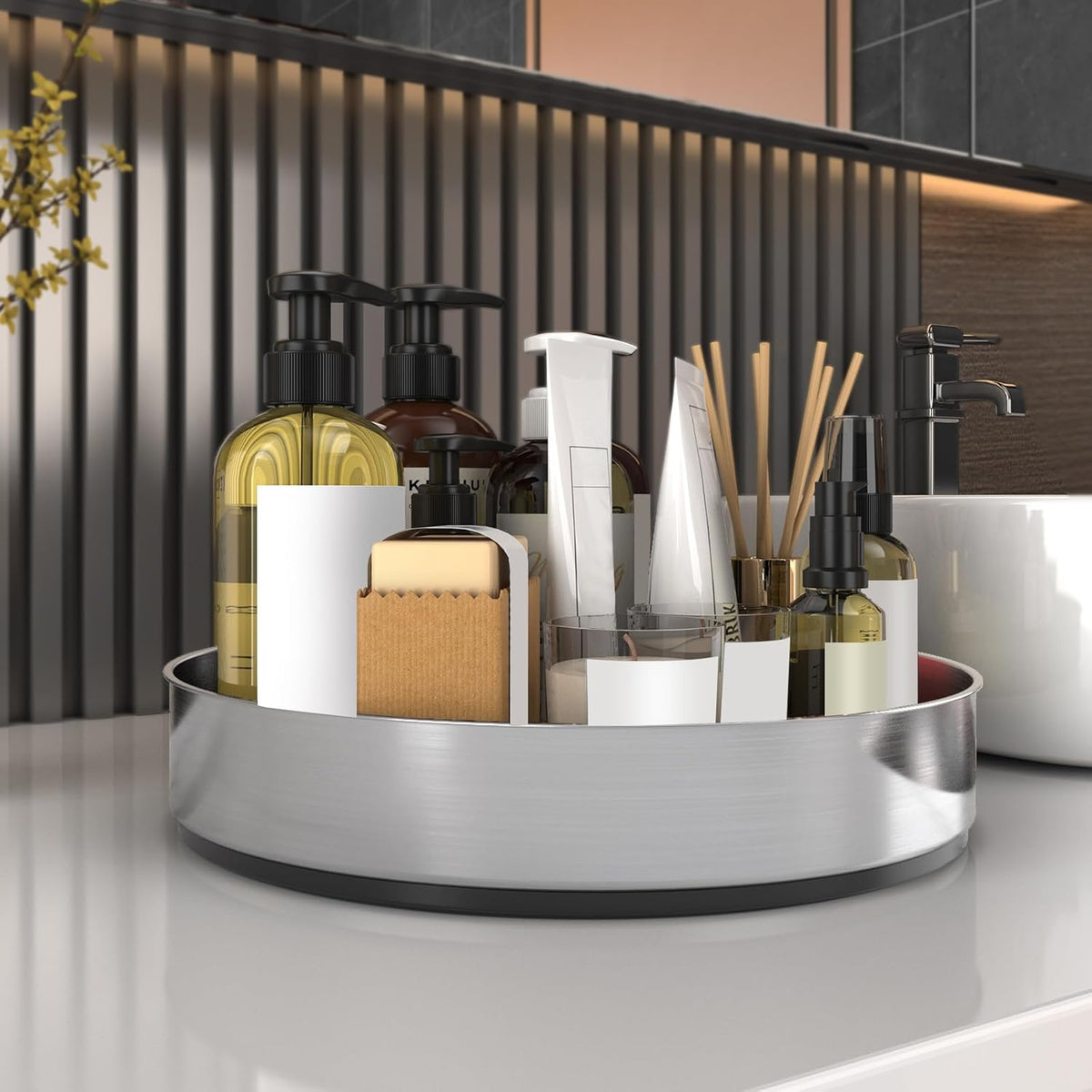 VAEHOLD Pantry Cabinet Lazy Susan Stainless Steel Black Spice Rack Turntable - Decorative Trays