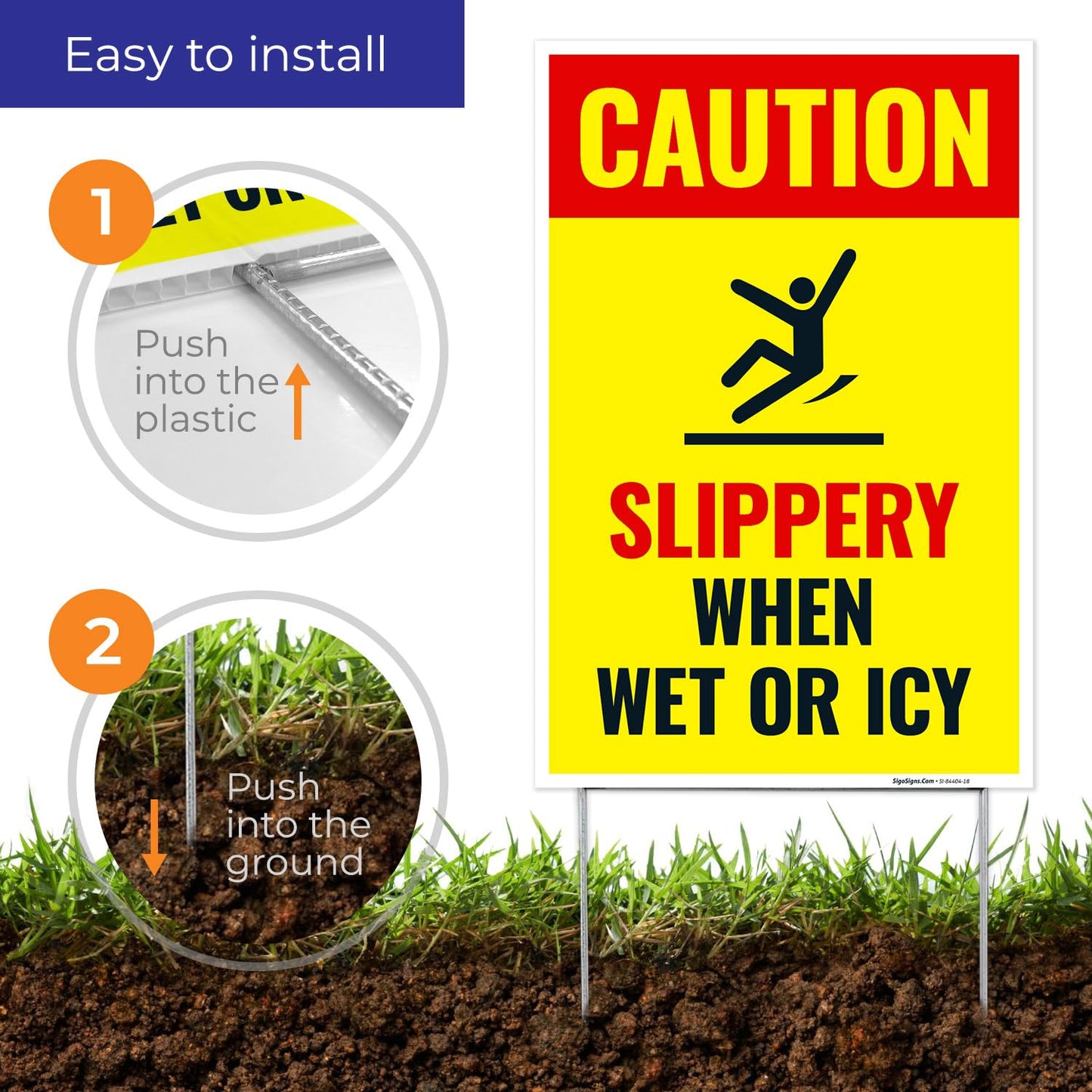 Caution Slippery When Wet or ICY Sign, (SI-84404) Double Sided 12x18 Inches, Corrugated Plastic