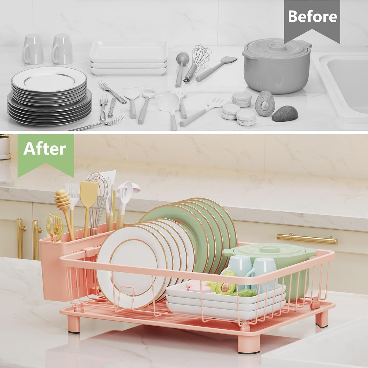 Pink Dish Drying Rack - Space-Saving Dish Rack,Dish Racks for Kitchen Counter with Drainboard
