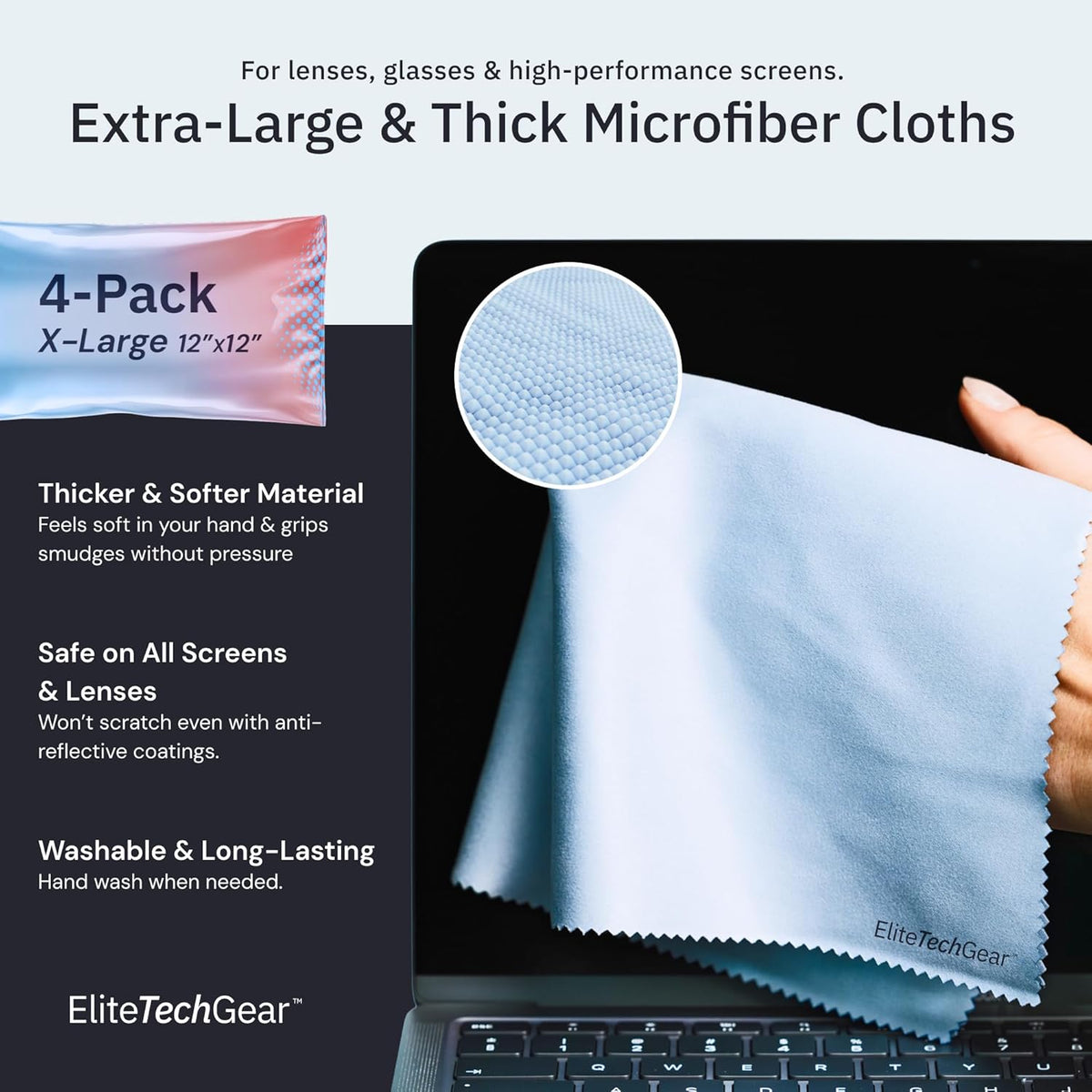 Elite Screens Microfiber Cleaning Cloth - 12 x 12 in, Pack of 4, Blue - Glasses Cleaning Cloth &