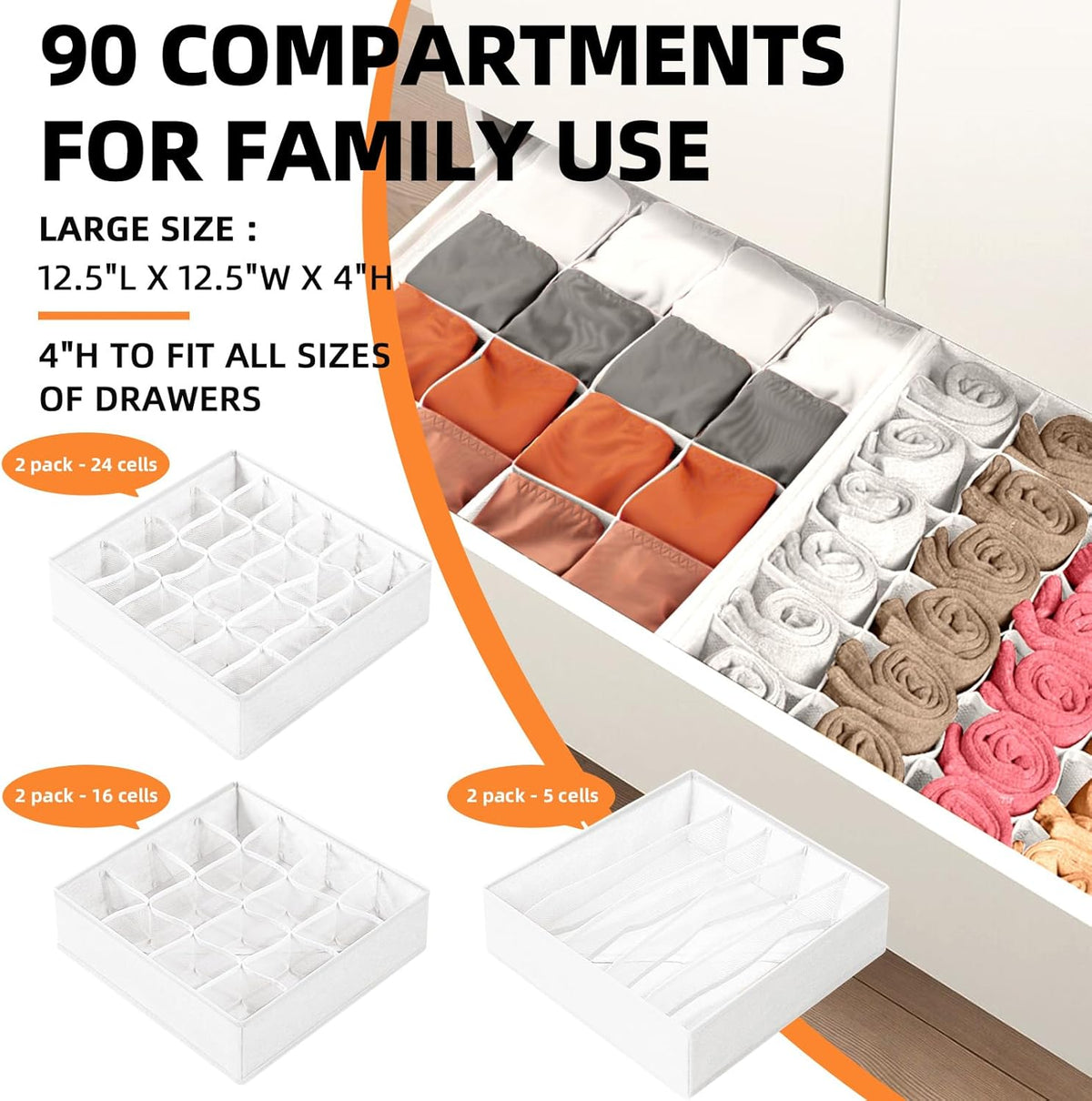 Criusia Drawer Organizer - 6 Set Clothes Organizer for Closet & Bedroom - 90 Cells Bins for Sock