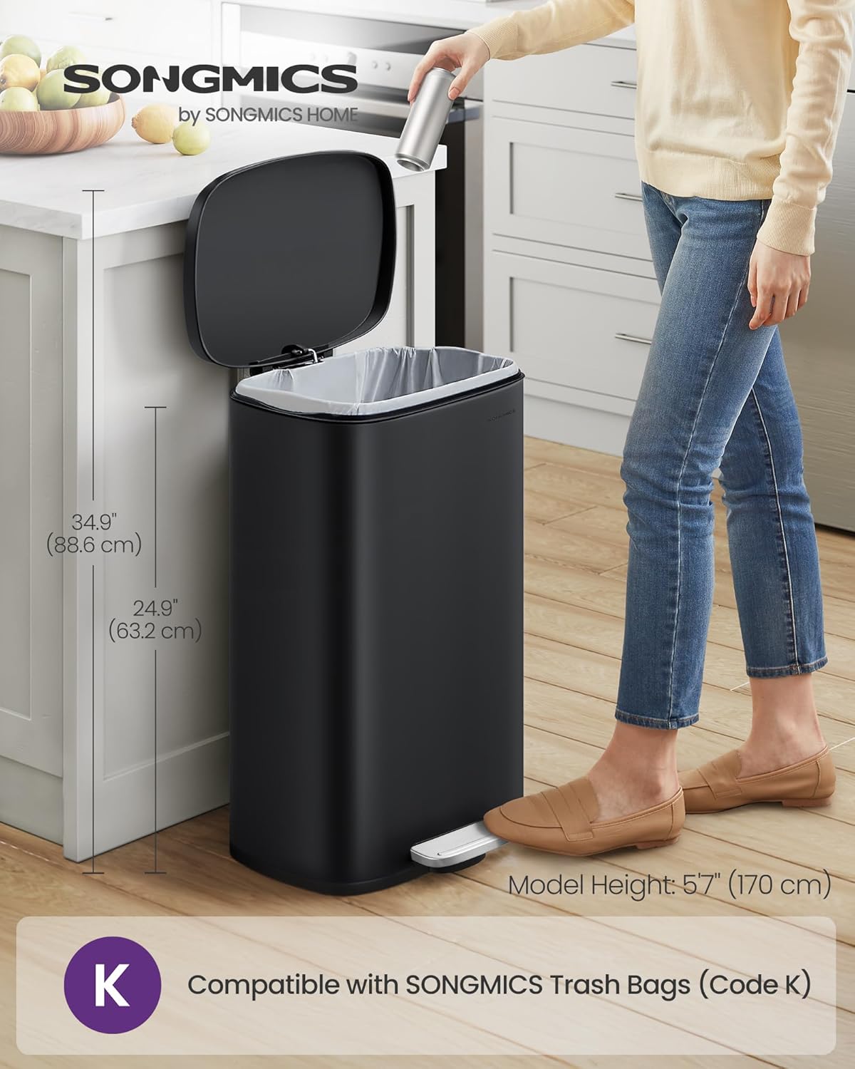 SONGMICS 13 Gallon (50 L) Trash Can, Stainless Steel Kitchen Garbage Can, Recycling or Waste Bin