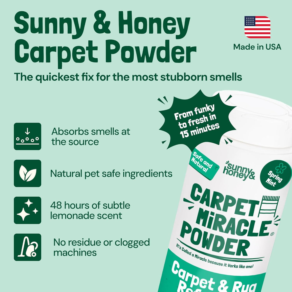 Sunny & Honey Carpet Deodorizer Powder - 20 Oz, Spring Mint - Odor Eliminator & Rug Freshener