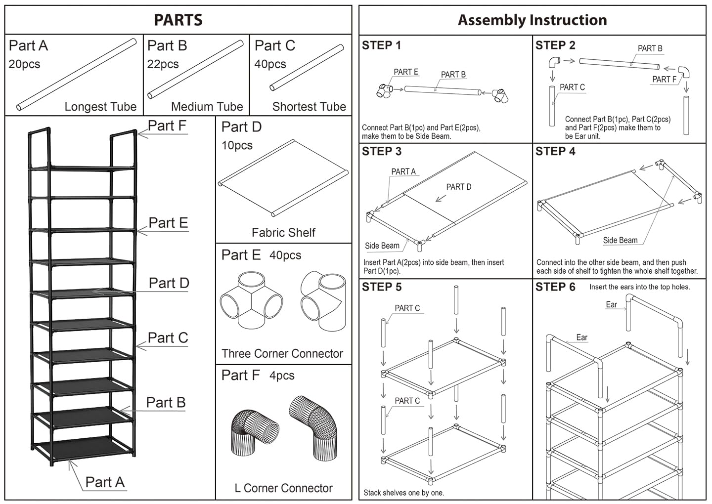 FIDUCIAL HOME 10 Tiers Shoe Rack Organizer 20 Pairs Tall Shoe Shelf