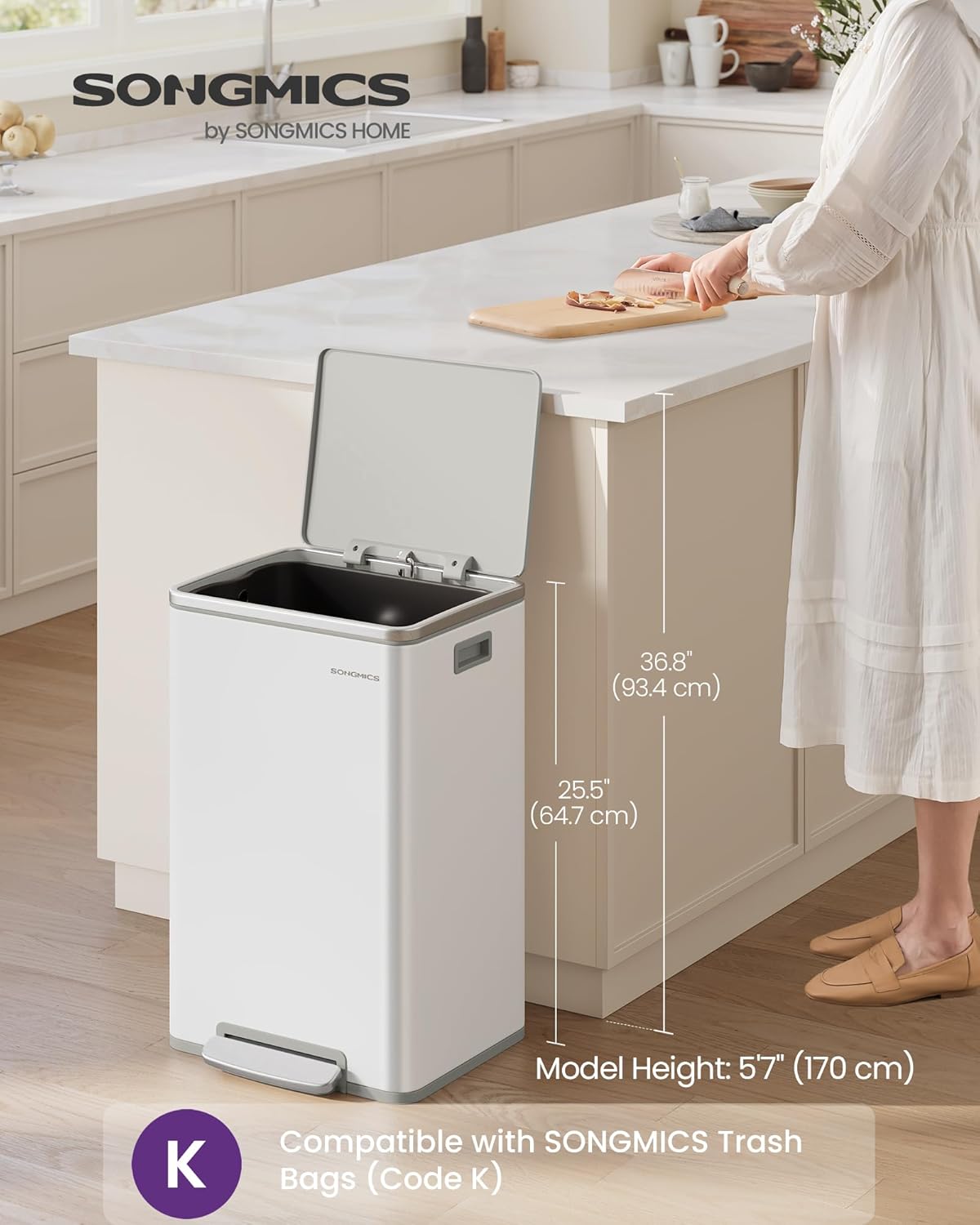 SONGMICS Trash Can, 13-Gallon Gabbage Can, with 15 Trash Bags, Steel, with Soft-Close Lid