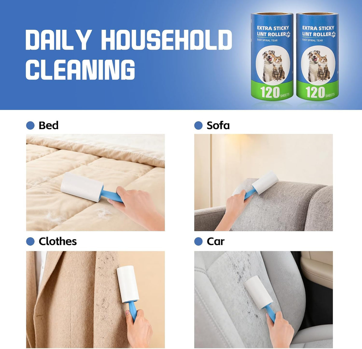 Extra Sticky Lint Roller Refills 6 Pack (720 Sheets) fit 3.8"-4" Standard Size Lint Roller Sticker