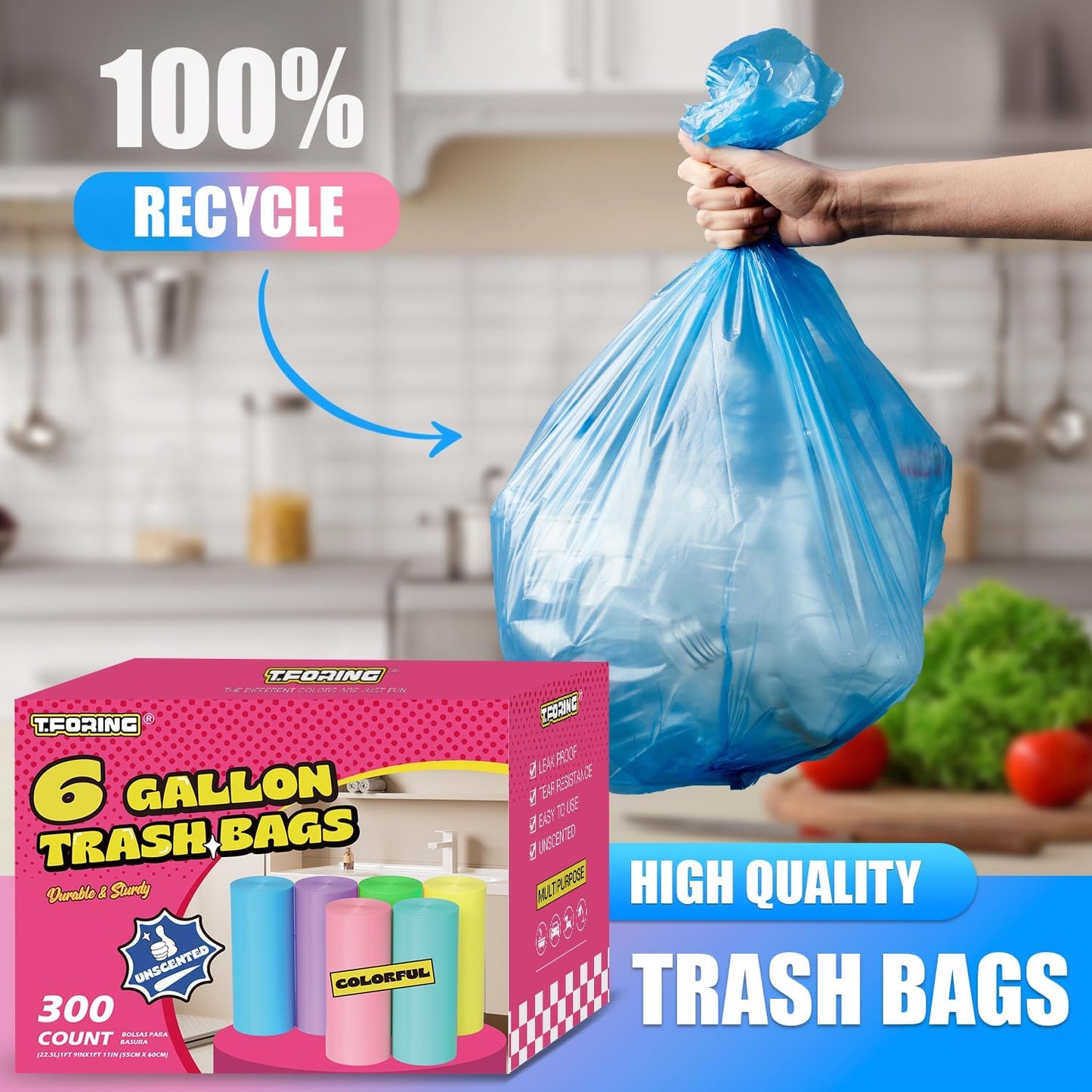 300 Count 6 Gallon Trash Bags - 22 Liter Colored Medium Garbage Bags Unscented 0.94 Mil Thick &