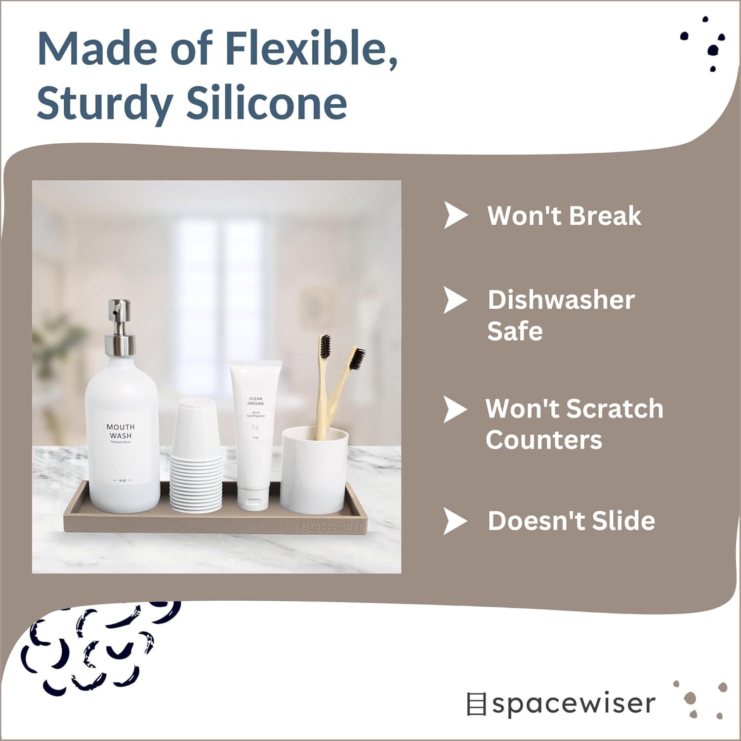 Countertop and Vanity Tray - 11.7" Silicone Bathroom Tray, Flexible Dish Soap Holder for Kitchen