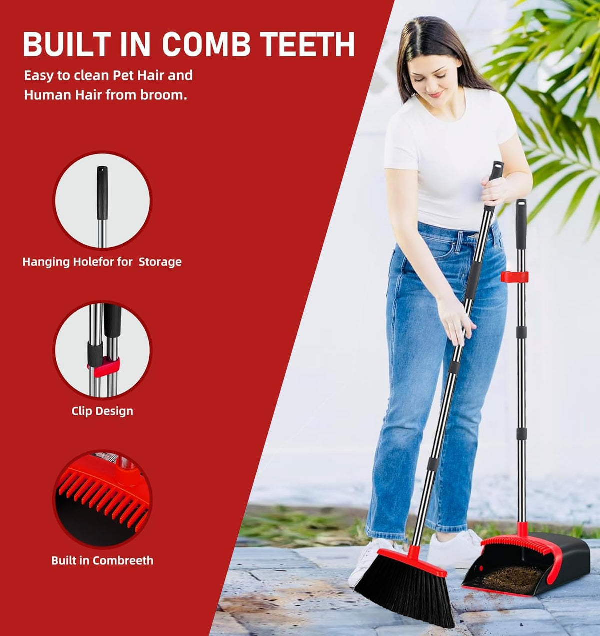 2-Pack is More economical，Broom and Dustpan， with 52" Long Handle, Dustpan Teeth with self-Cleaning