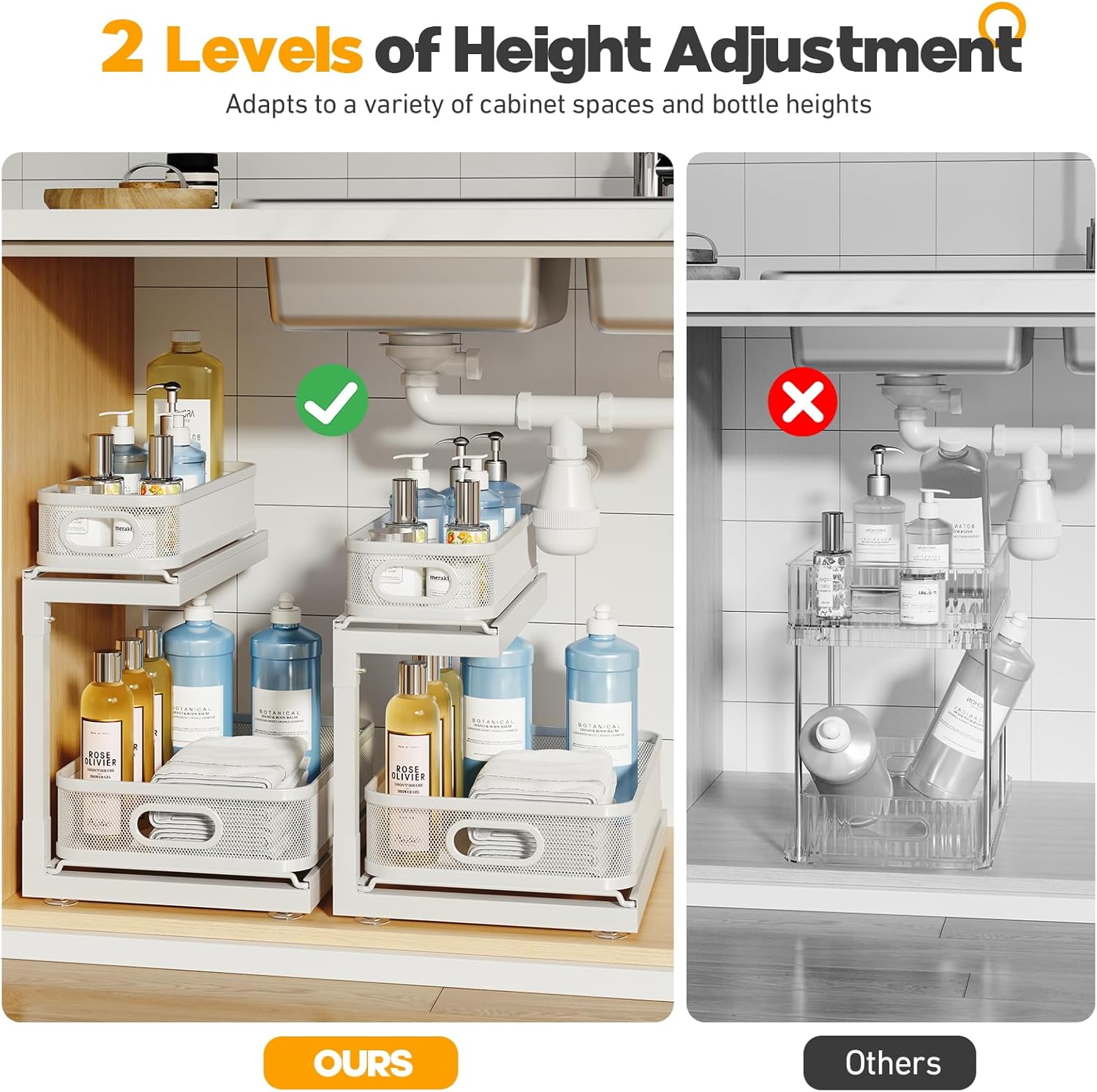 2-Pack Under Sink Storage Organizer with 2-Tier Slide Out Drawer, Sophisticated Mesh Pull Out Shelf