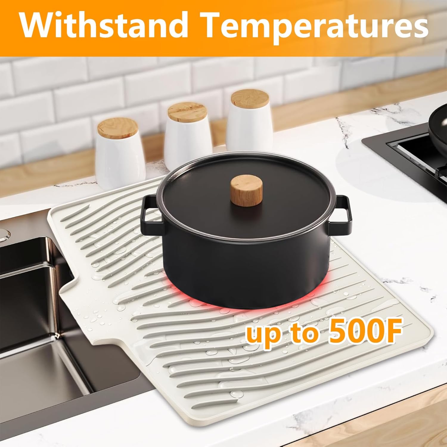 Silicone Dish Drying Mat for Kitchen Counter, Dish Drainer Mat, Non-Slip Drying Pad with Built-in