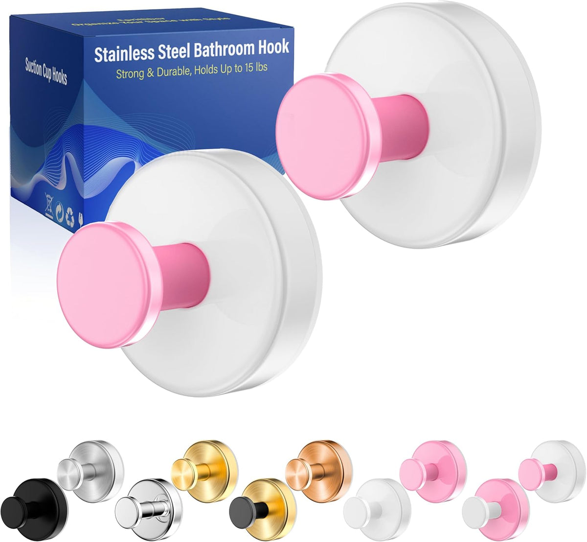 Suction Cup Hooks for Shower,Removable No Drill Towel Hooks,Upgraded 15 lbs Strong Suction hooks