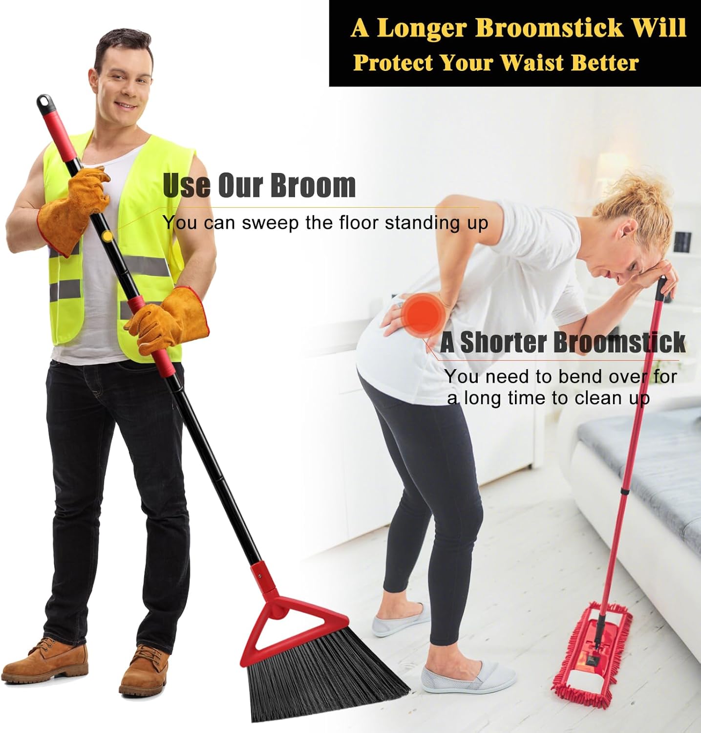 Heavy Duty Broom of Outdoor and Indoor, 4 Packs Upgraded Commercial Angle Brooms, Perfect Red Broom