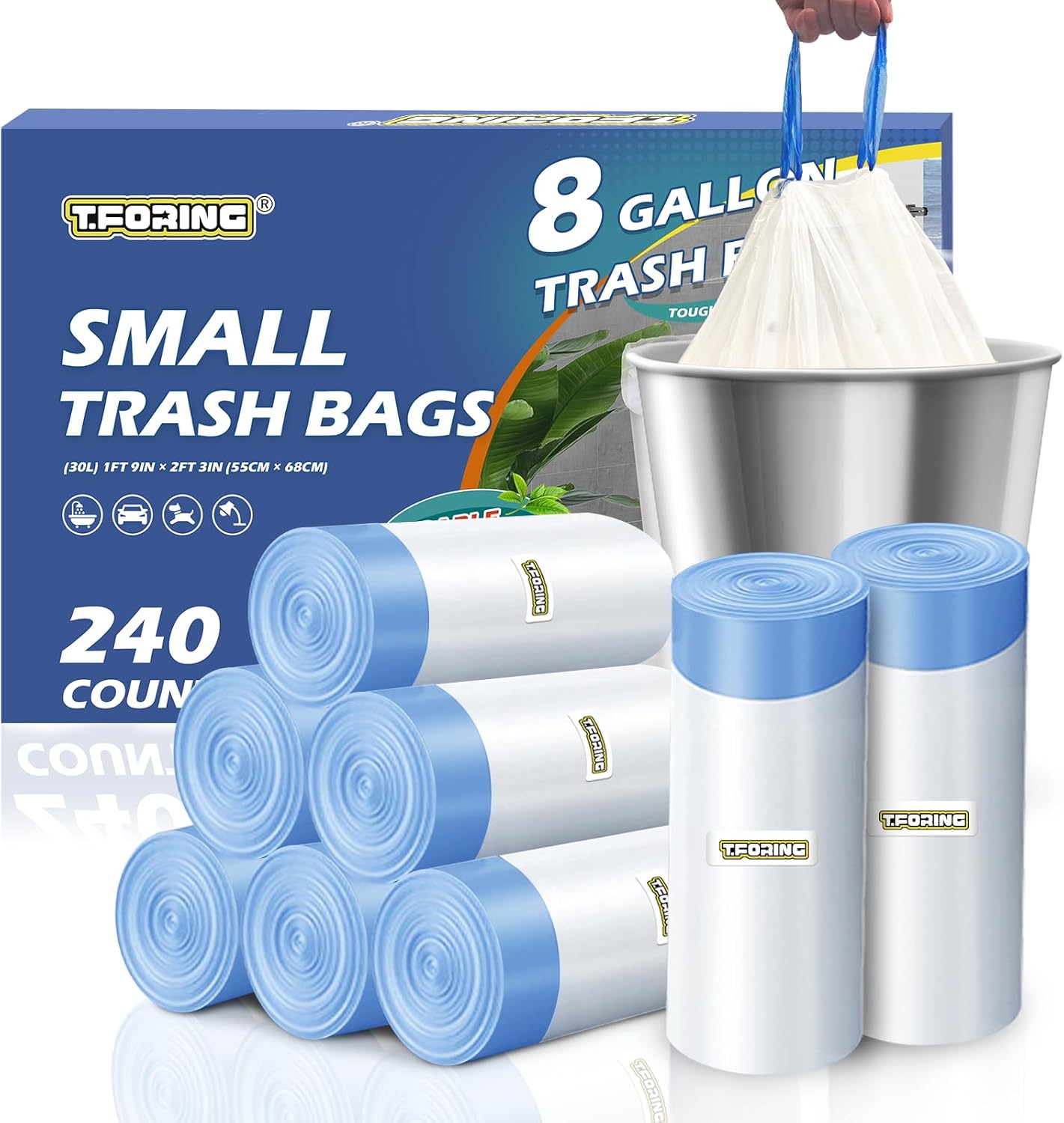 240 Count 8 Gallon Trash Bags Drawstring - 1.2 Mil White Medium Garbage Bags Unscented, 30 Liter