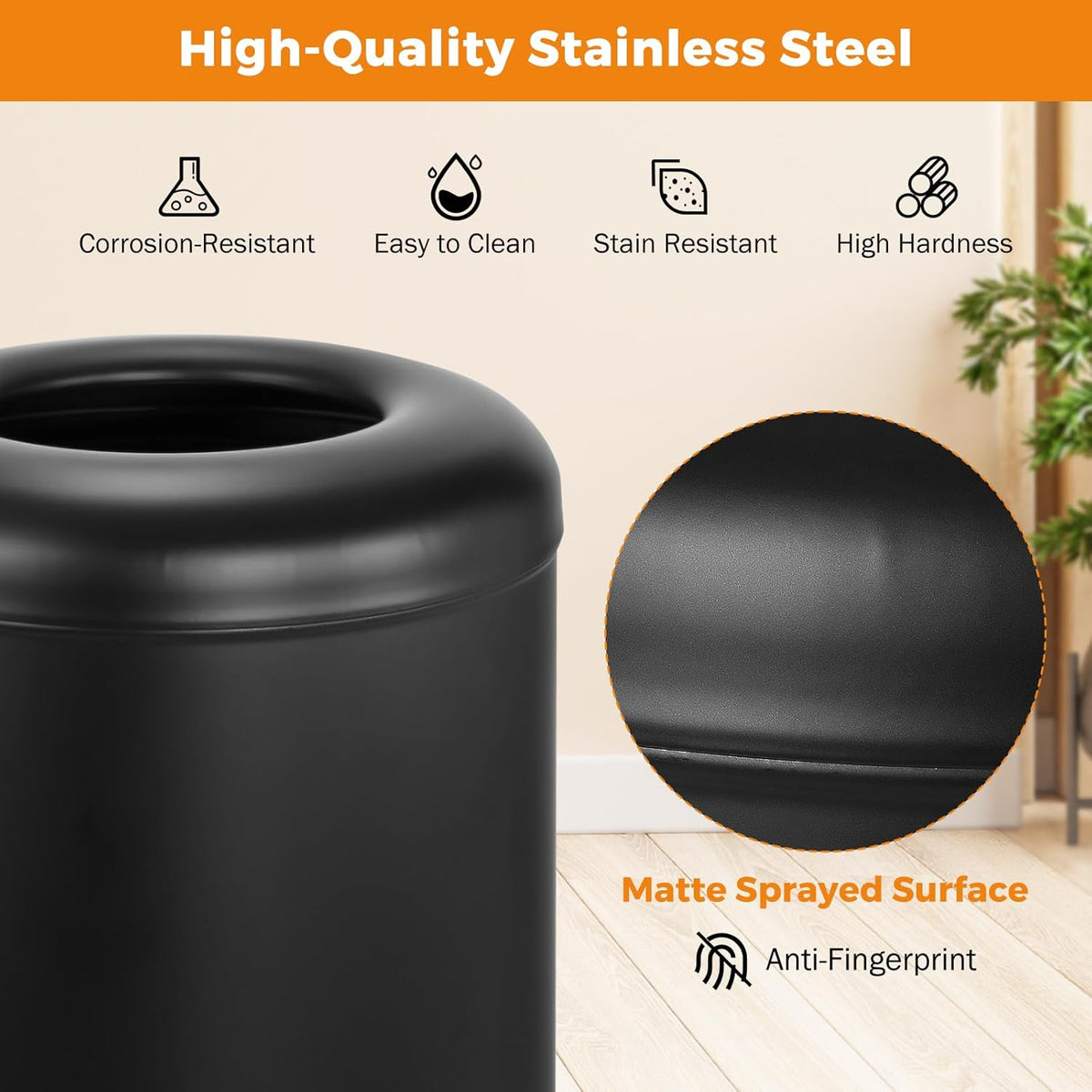 BEAMNOVA Commercial Trash Can 16.5 Gal Open Top Black Outdoor Indoor Garbage Enclosure Inner with