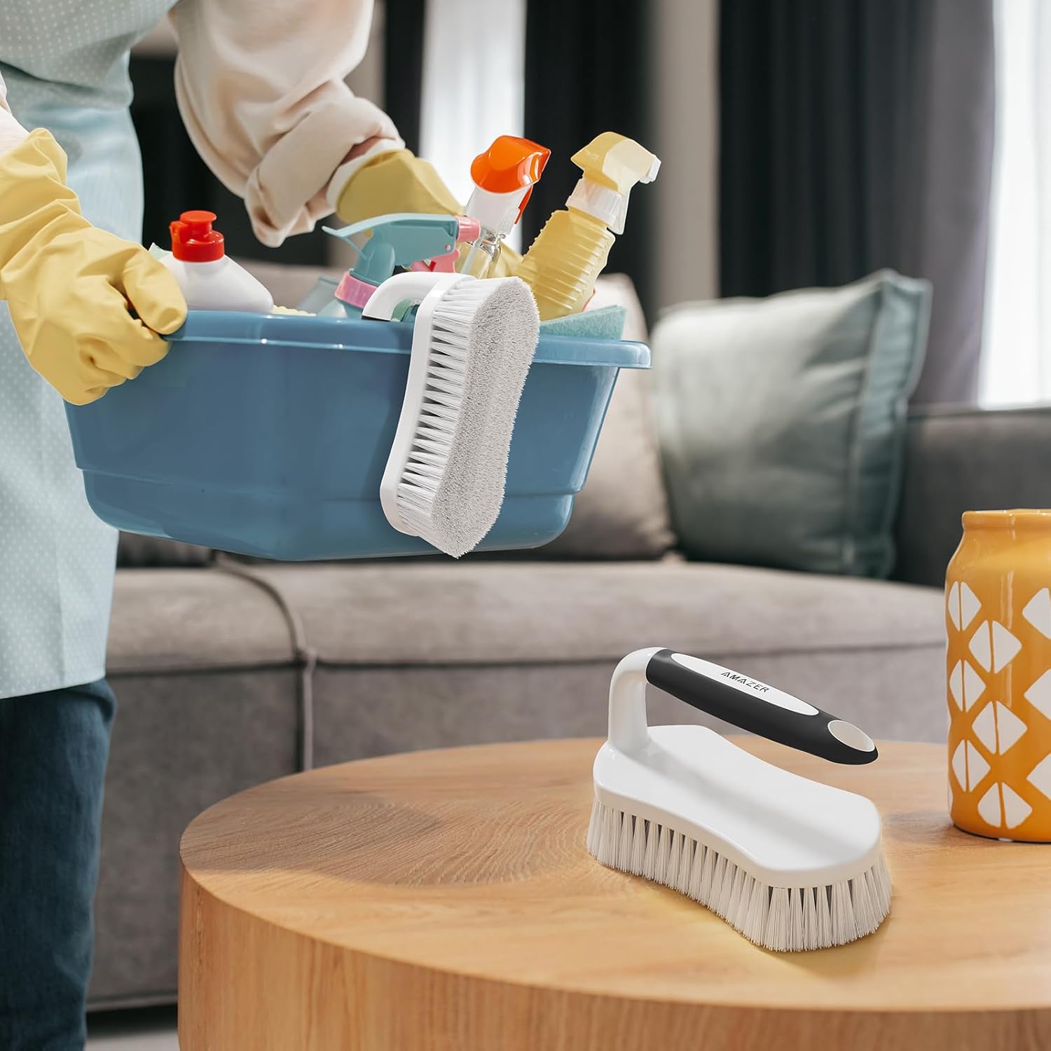 Amazer Scrub Brush for Cleaning Comfort Grip Shower Scrubber Stiff Bristles with Handle Heavy Duty