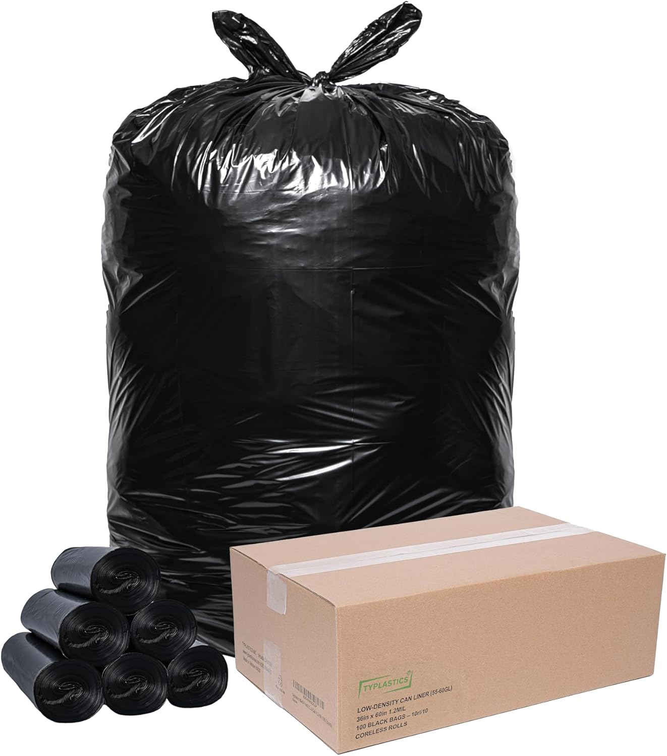 TYPLASTICS Heavy Duty 55-60 Gallon Trash Can Liners, 36" x 60", 1.2Mil, Black Garbage Bags