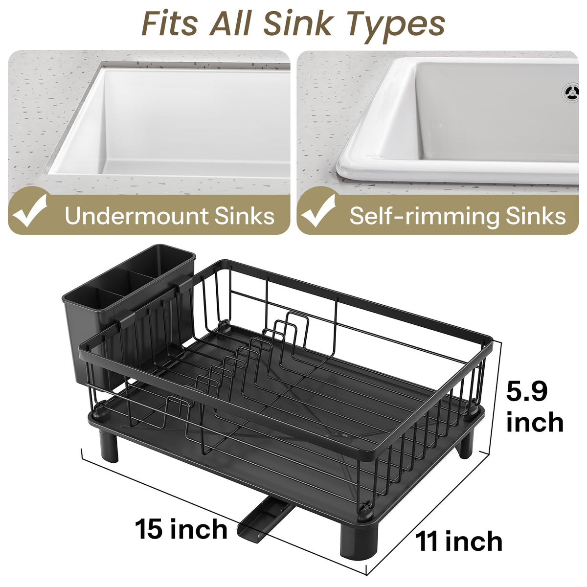 SNTD Dish Drying Rack for Small Kitchen Counter, 11" W x 15" L, Black