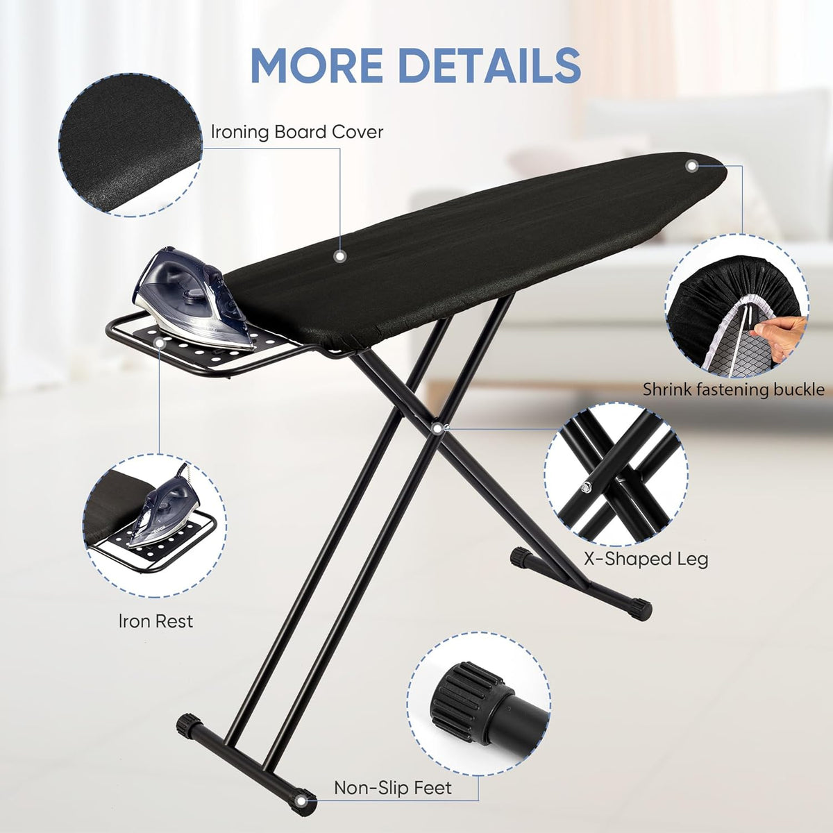Full Size Ironing Board 47" X 15" with Heat Resistant Cover and Thicken Felt Pad, Safety Iron Rest