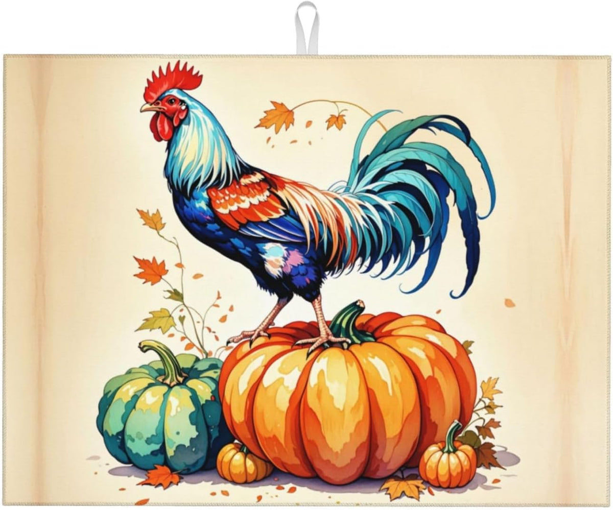 Rooster Pumpkin Dish Drying Mat Highly Absorbent Double-Sided Microfiber with Hanging Loop