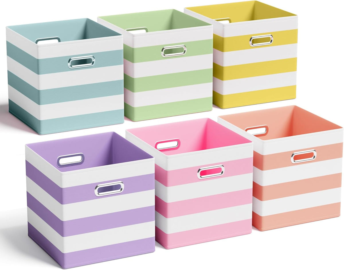 6 Pcs Fabric Storage Cubes Bins with Metal Handle Christmas Storage Bin 11 Inch Macaron Colored