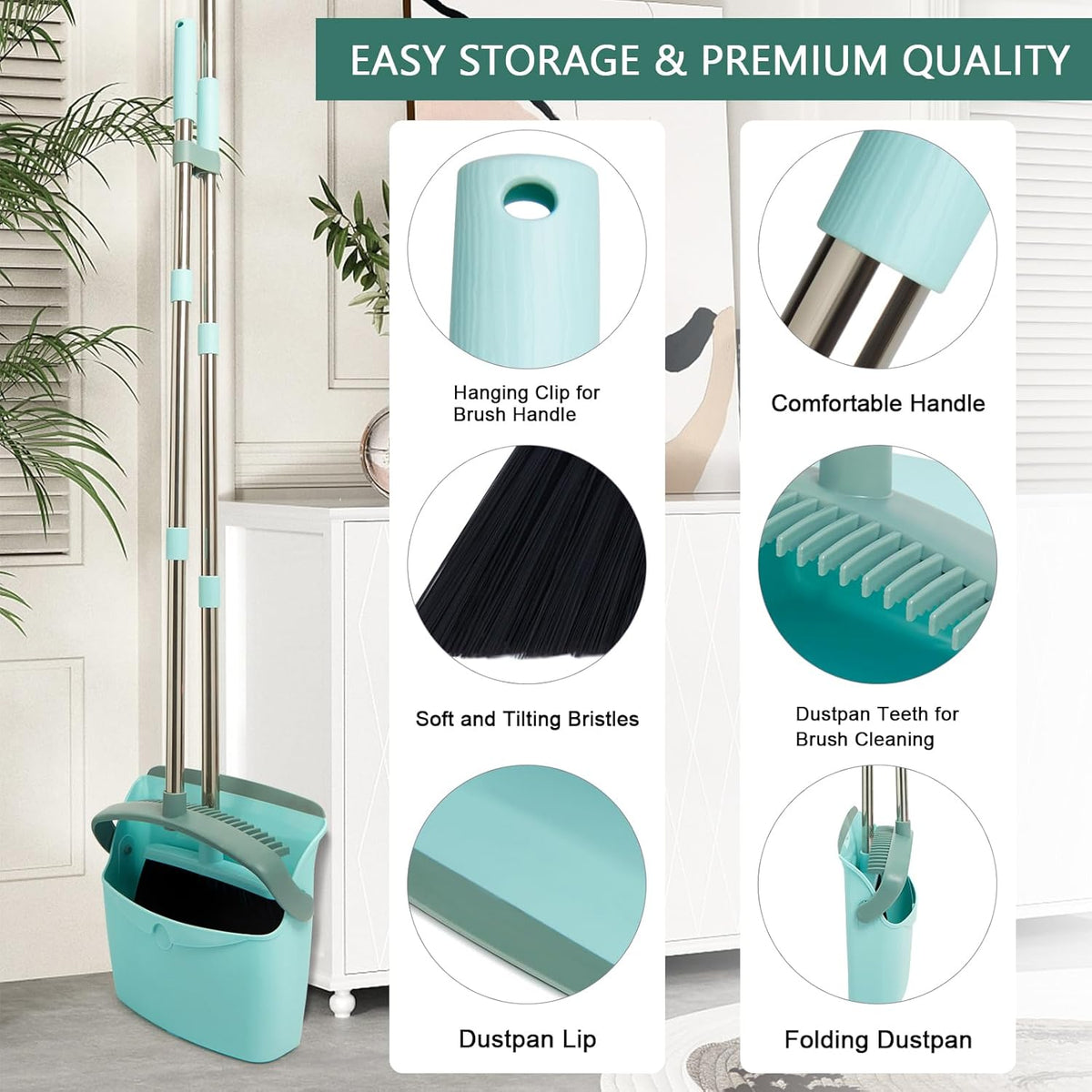 Broom and Dustpan Set, Dustpans with Broom Combo for Home, Heavy Dust Broom and Dustpan Combo, Long