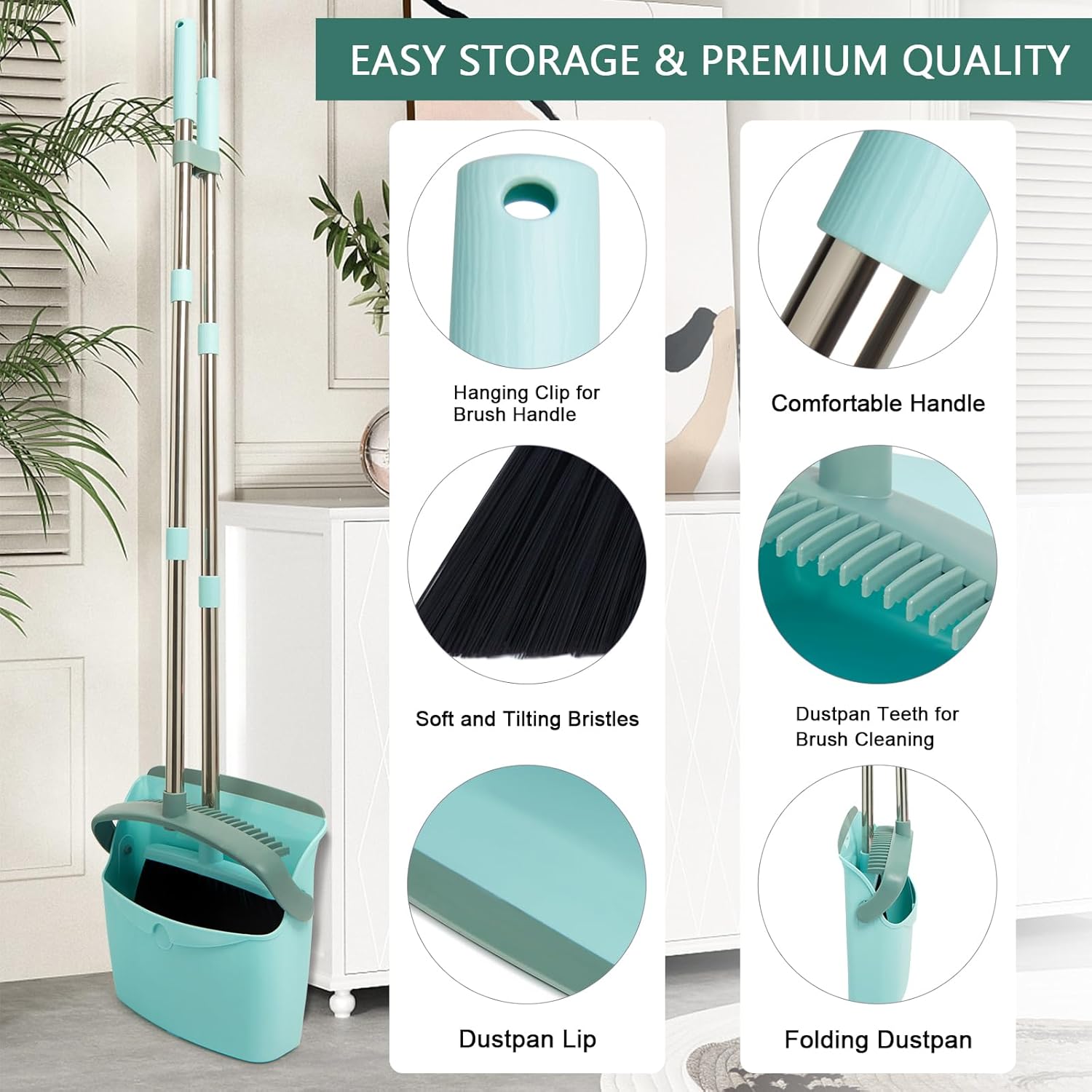 Broom and Dustpan Set, Dustpans with Broom Combo for Home, Heavy Dust Broom and Dustpan Combo, Long