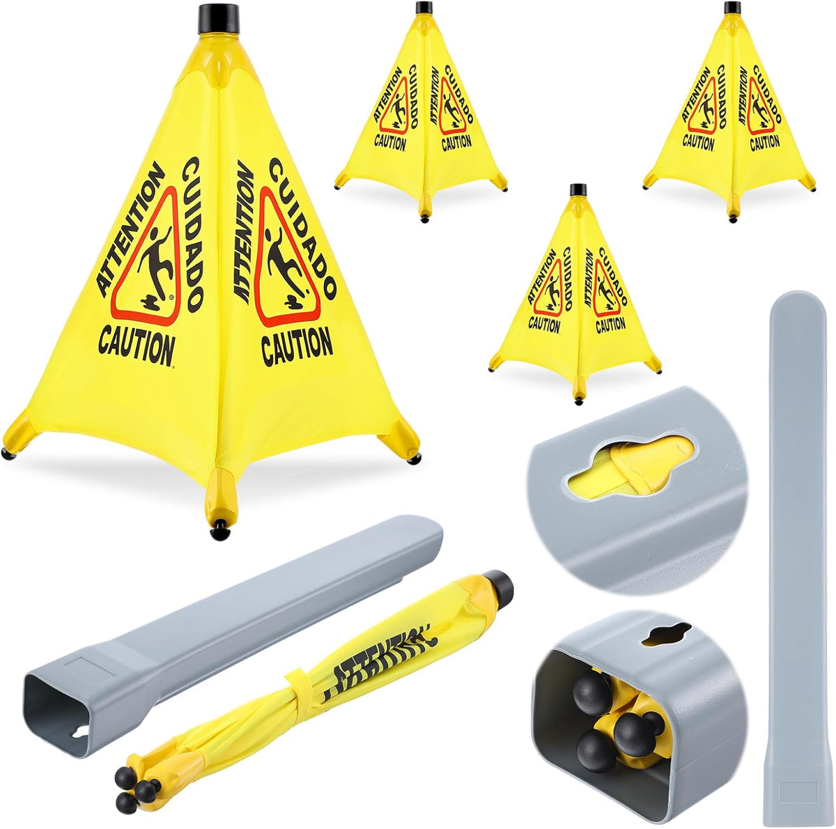 4-Packs Wet Floor Signs 20 Inch, Pop UP Bilingual Yellow Caution Wet Floor Sign with Wall Mounted