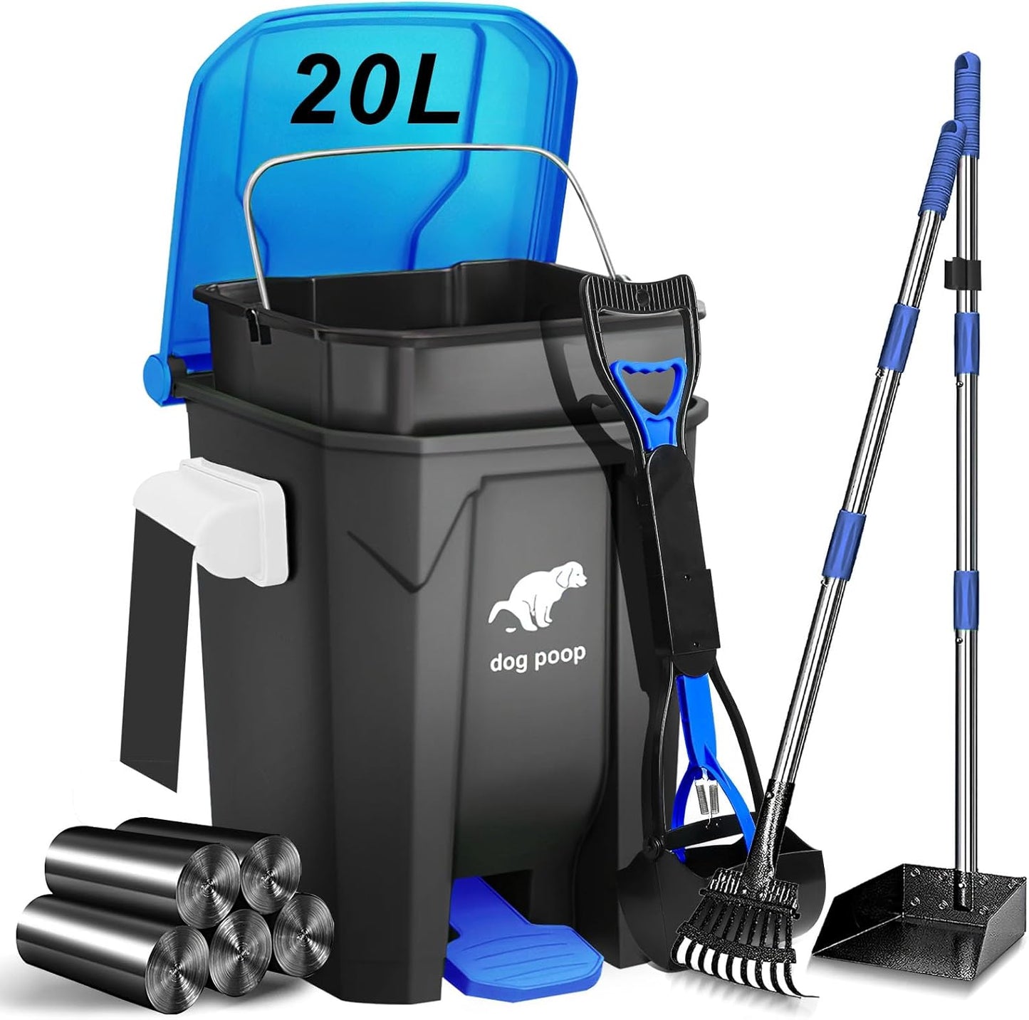 Dog Poop Trash Can Outside with Pooper Scooper and Metal Rake & Tray, 20L/5Gal Dog Waste Trash Can