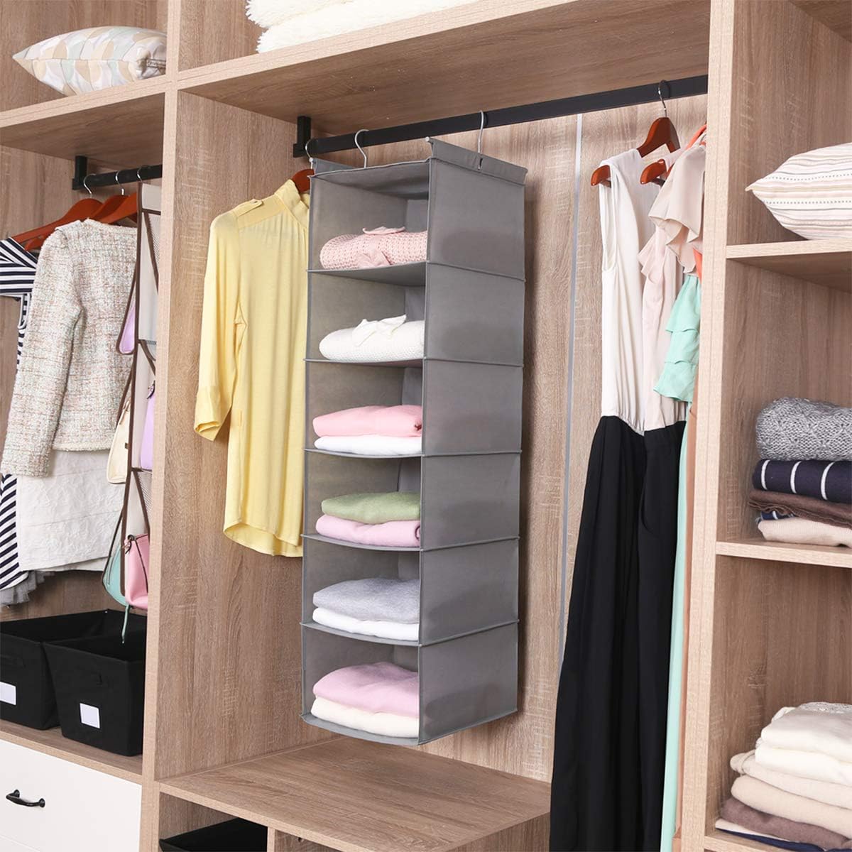 MAX Houser 6 Tier Shelf Hanging Closet Organizer, Closet Hanging Shelf with 2 Sturdy Hooks for