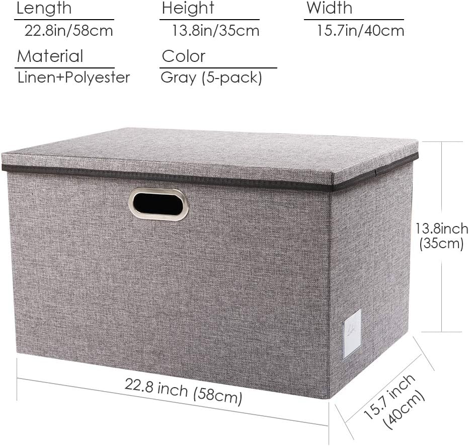 PRANDOM Extra Large Collapsible Storage Bins with Lids [5-Pack] Linen Fabric Foldable Storage
