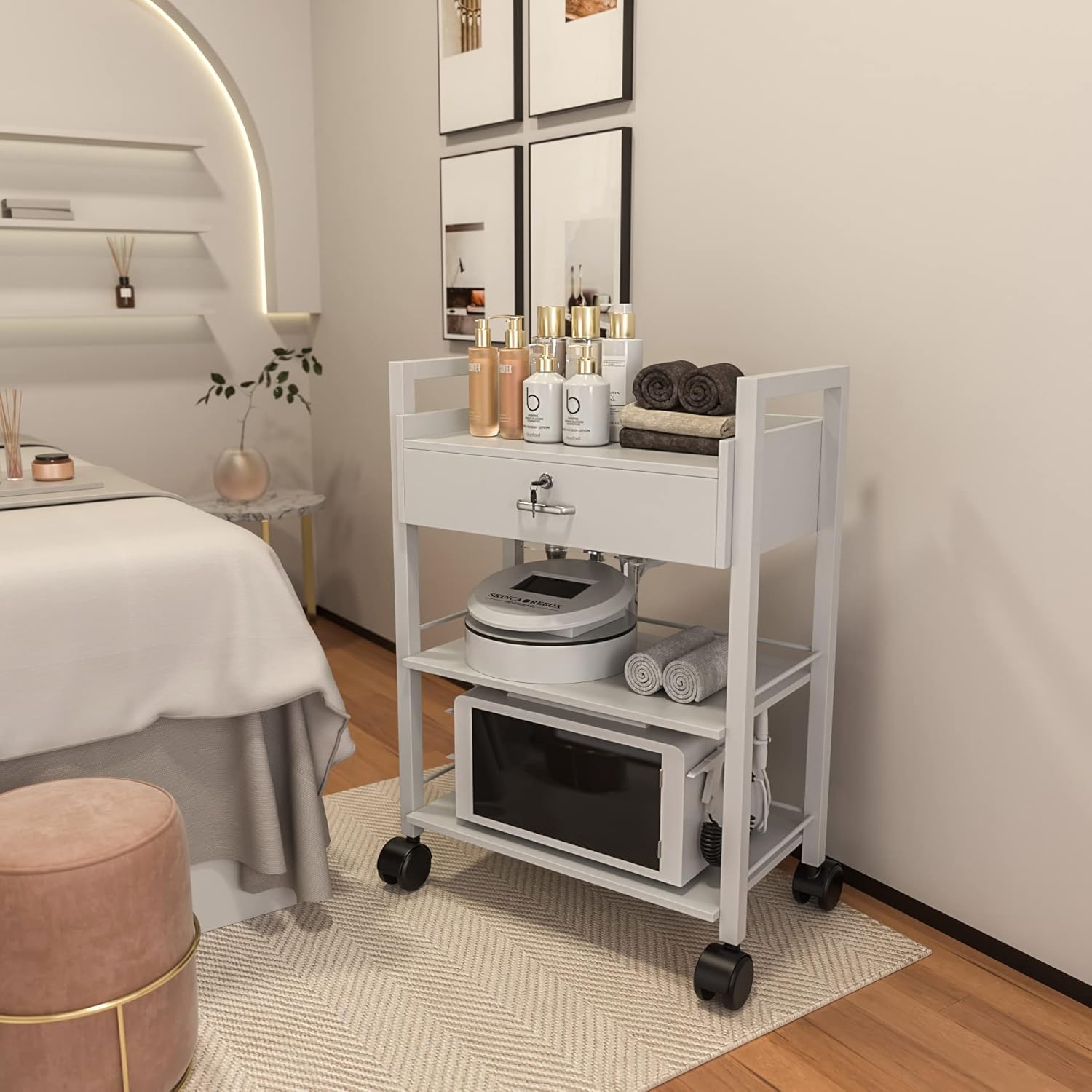 Paddie Salon Trolley Cart, Wooden Mobile Utility Cabinet Lab Cart with 1 Drawer 2 Trays, Rolling