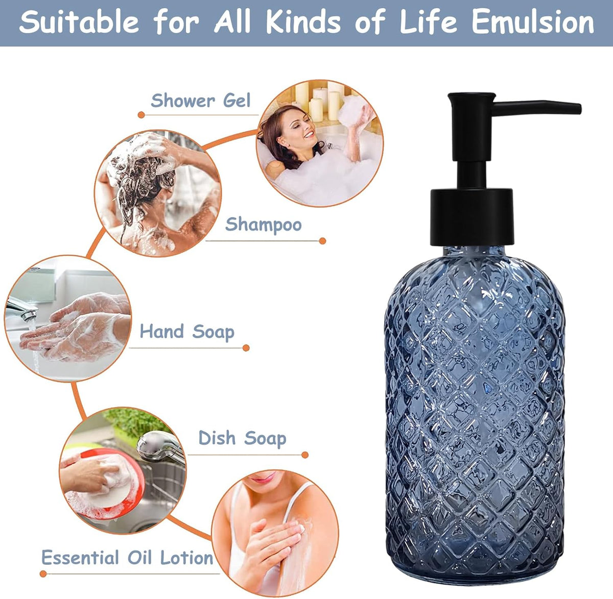 Blue Glass Dish Soap Dispenser for Kitchen, 12oz Refillable Liquid Hand Soap Dispenser Set, Crystal