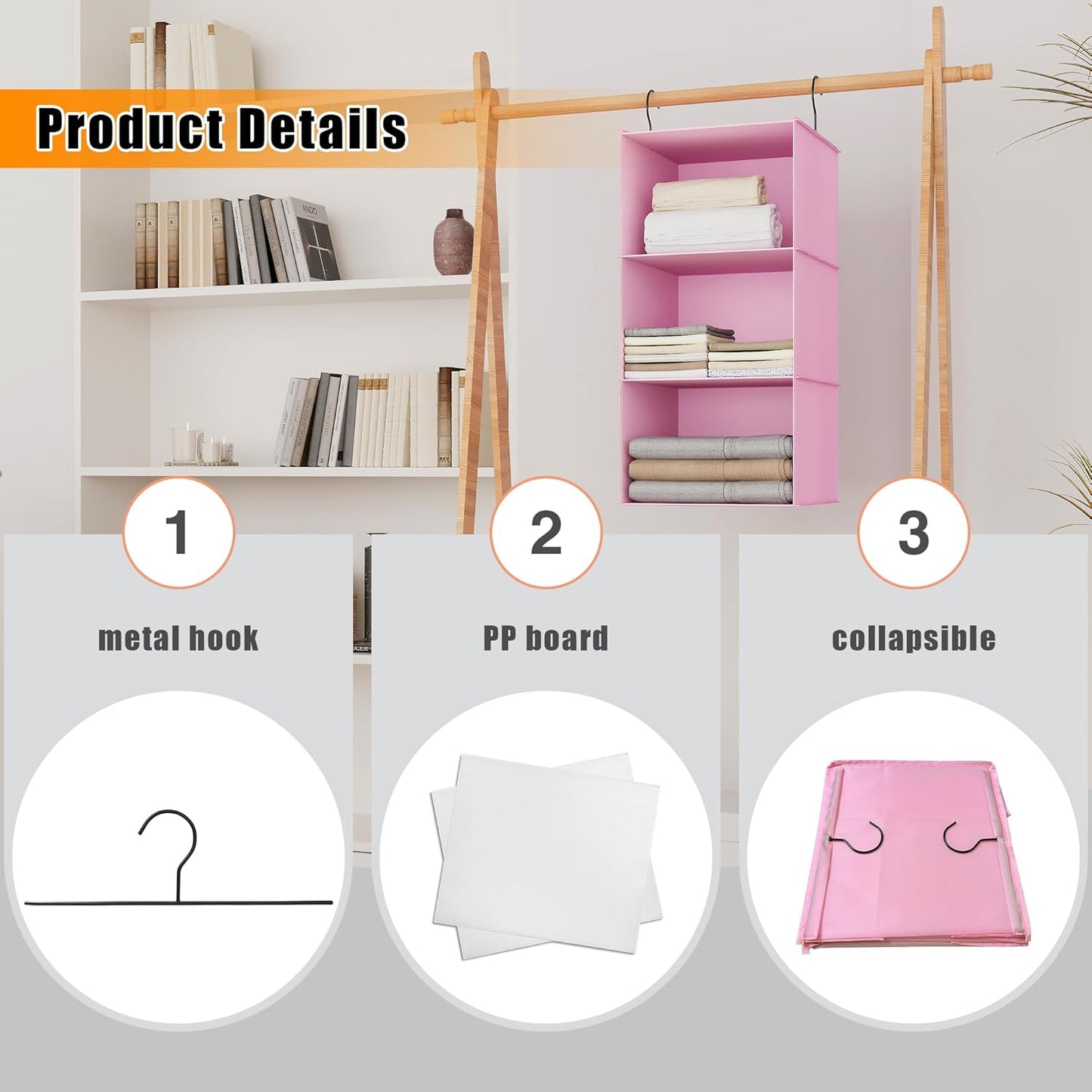 Hanging Closet Organizer and Storage 3-Shelf, Easy Mount Foldable Hanging Closet Wardrobe Storage