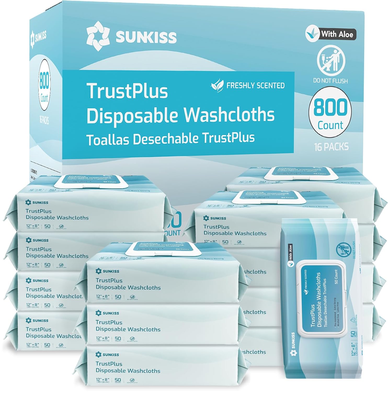 SUNKISS Trustplus Wet Wipes for Adult No Rinse, Extra Large 8”x12” Body Cleaning Washcloths for