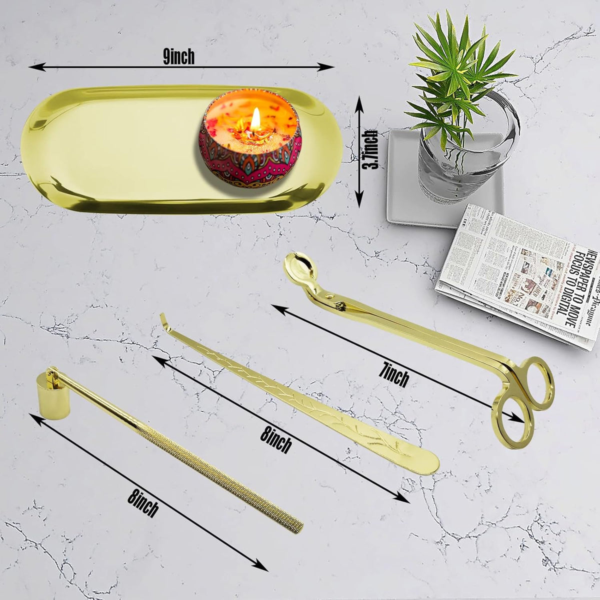 4 in1 Candle Accessory Set with Storage Tray Plate, Candle Wick Trimmer, Candle Wick Snuffer