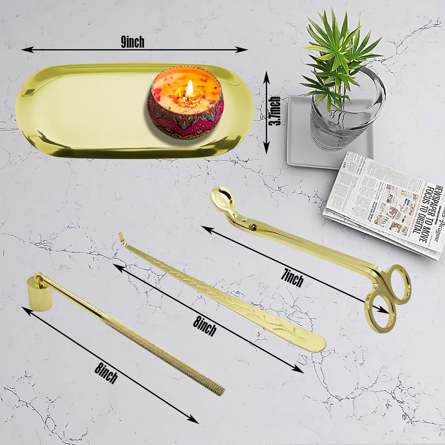 4 in1 Candle Accessory Set with Storage Tray Plate, Candle Wick Trimmer, Candle Wick Snuffer