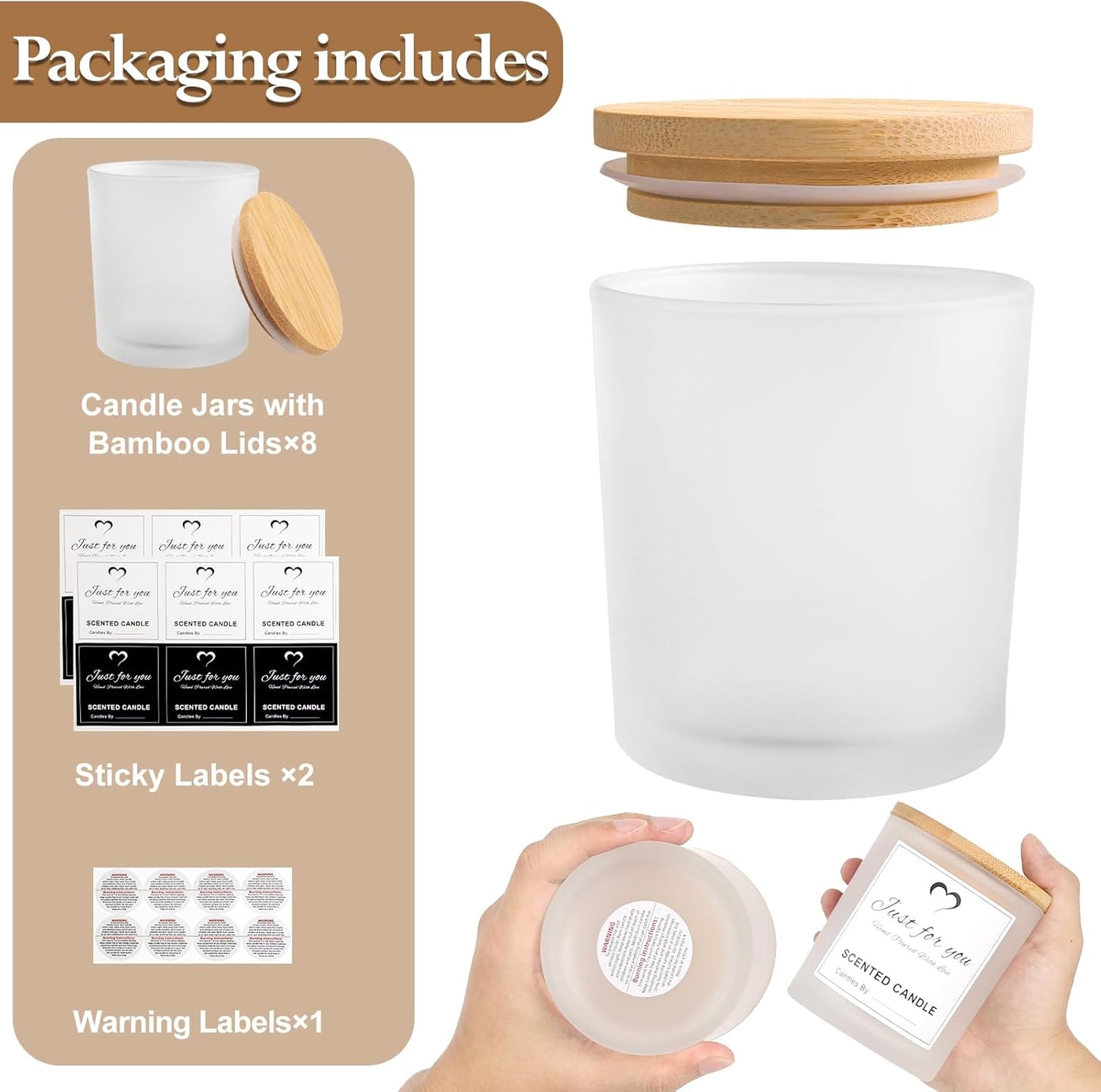 CONNOO 8 Pack 14 OZ Frosted Glass Candle Jars with Bamboo Lids for Making Candles, Large Size Empty